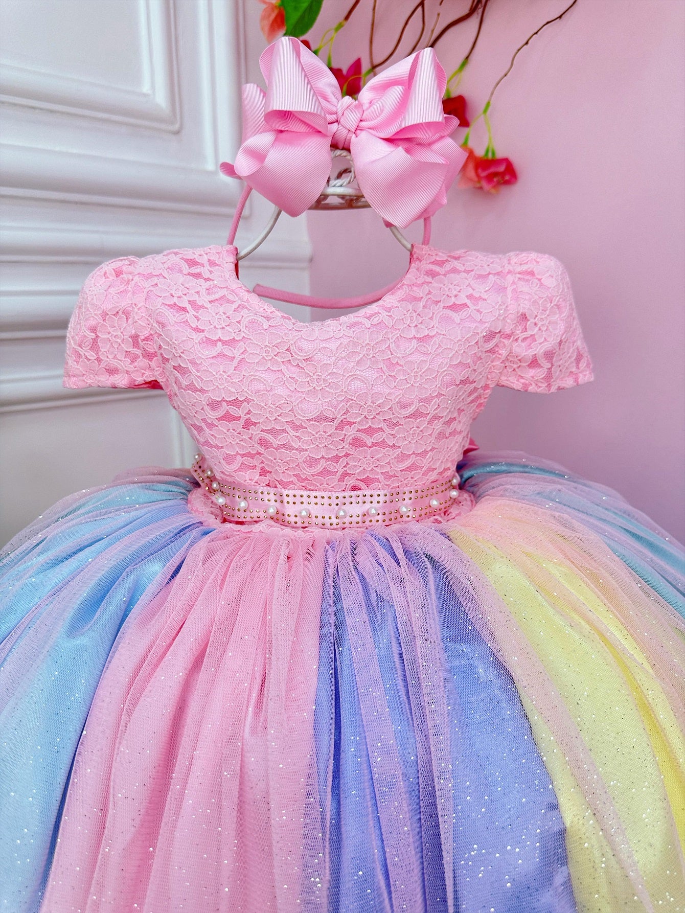 Vestido Infantil Unicórnio Chuva de Amor Arco Iris Festa Luxo