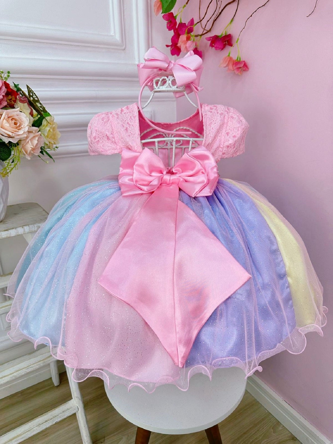 Vestido Infantil Unicórnio Chuva de Amor Arco Iris Festa Luxo