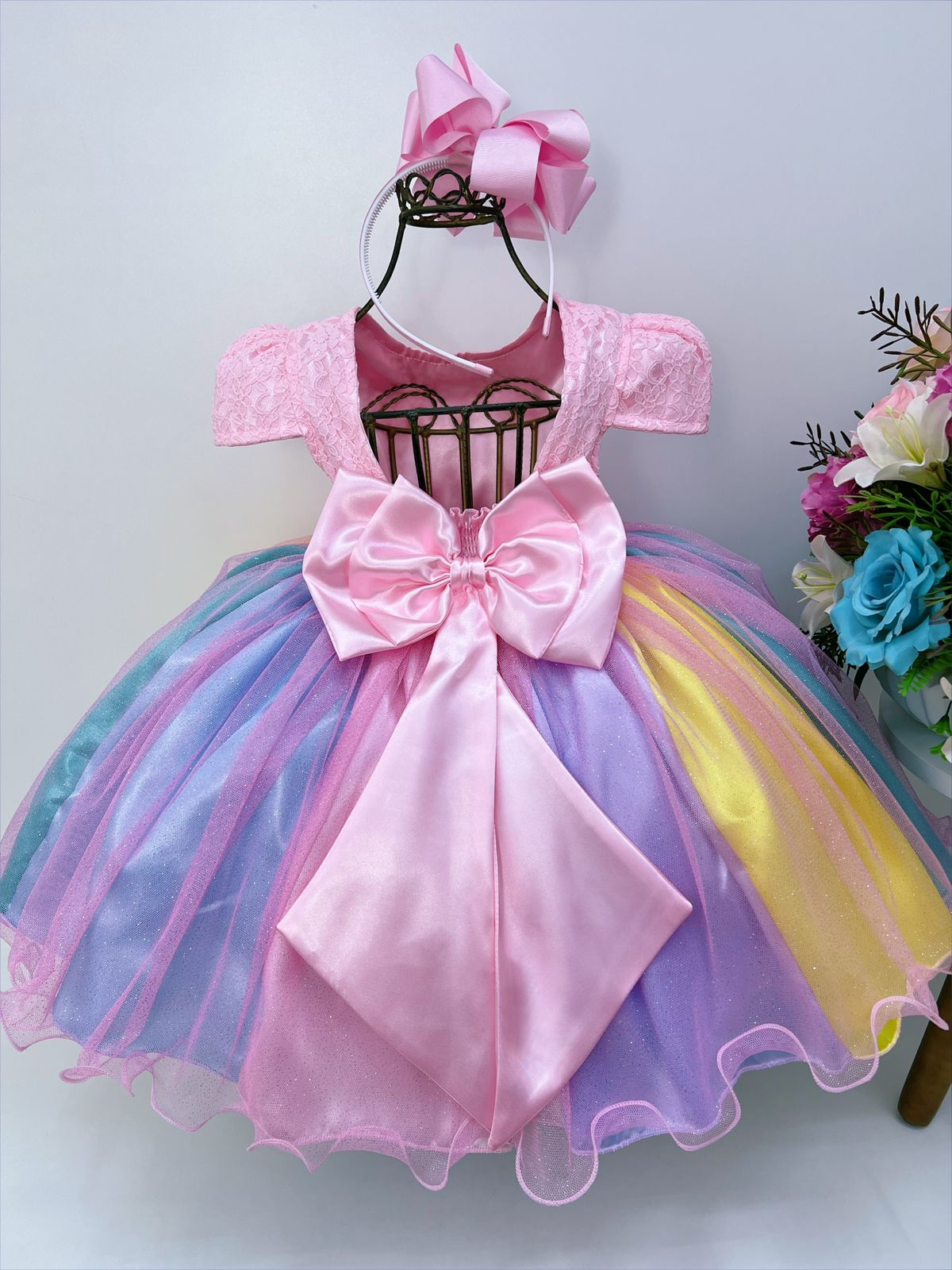 Vestido Infantil Unicórnio Chuva de Amor Arco Iris Festa
