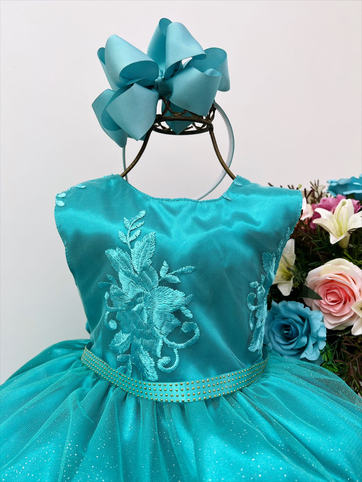 Vestido Infantil Verde Renda Busto Cinto Strass Luxo