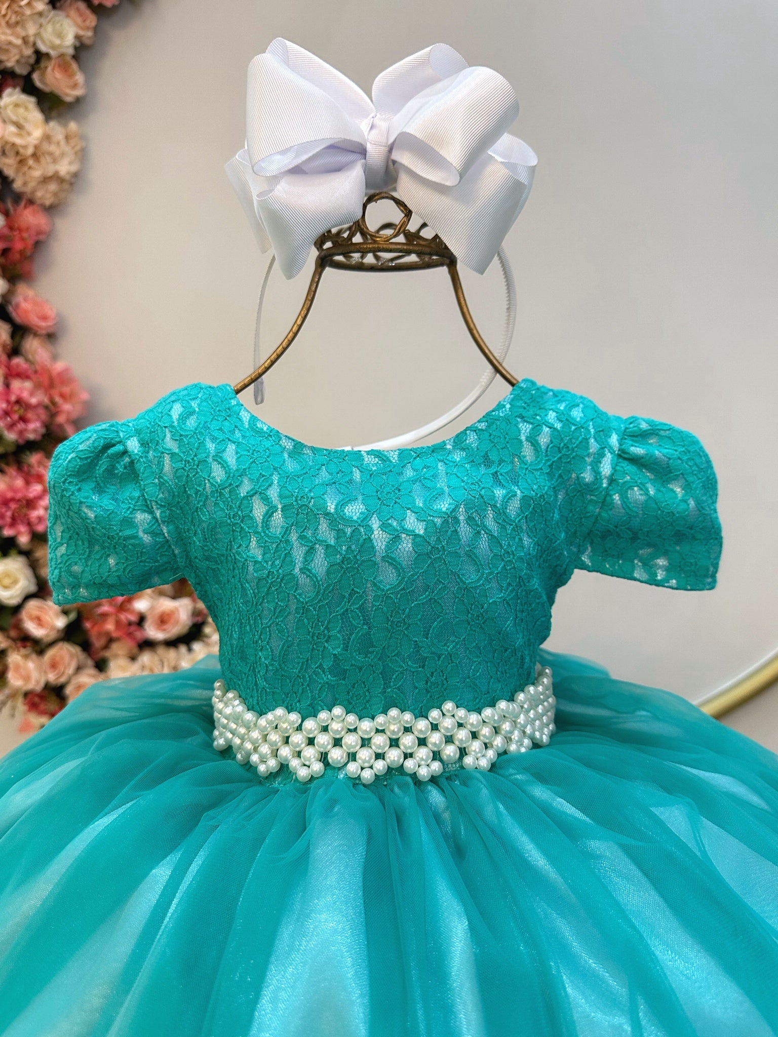 Vestido Infantil Verde Tule C/ Renda Luxo Casamento