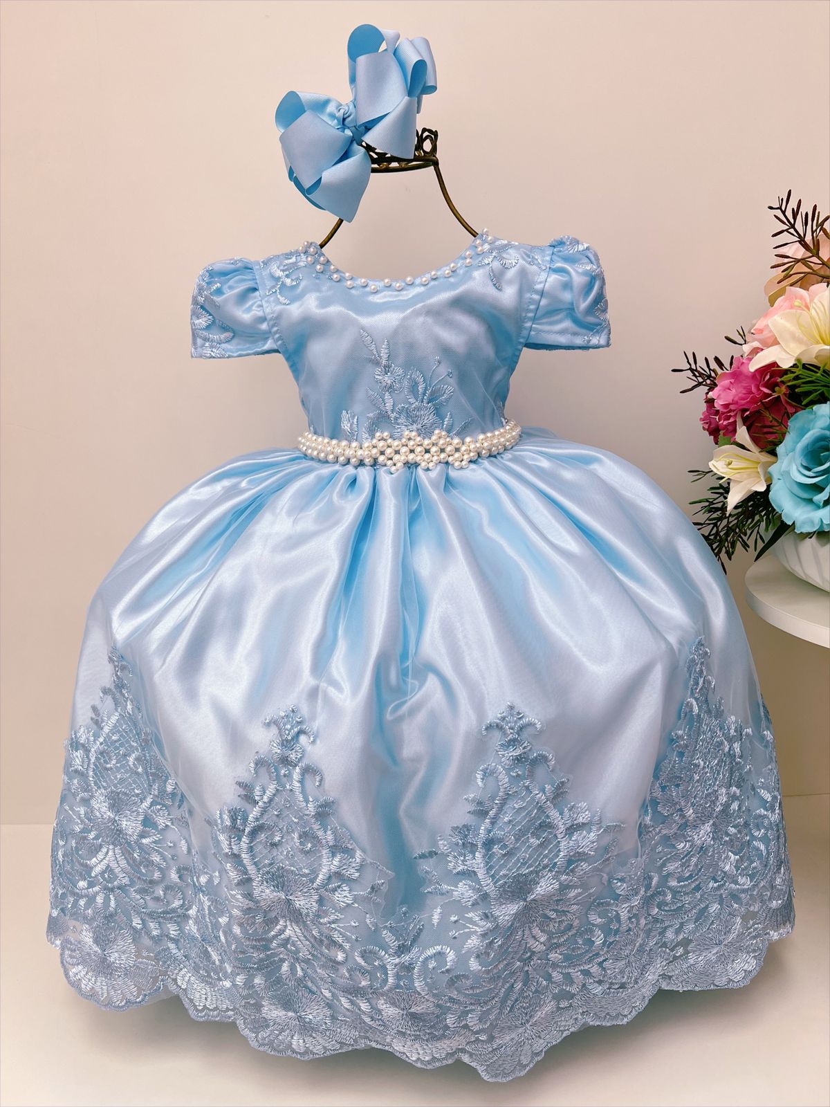 Vestido Infantil Azul Rendado Casamento Damas Luxo Pérolas