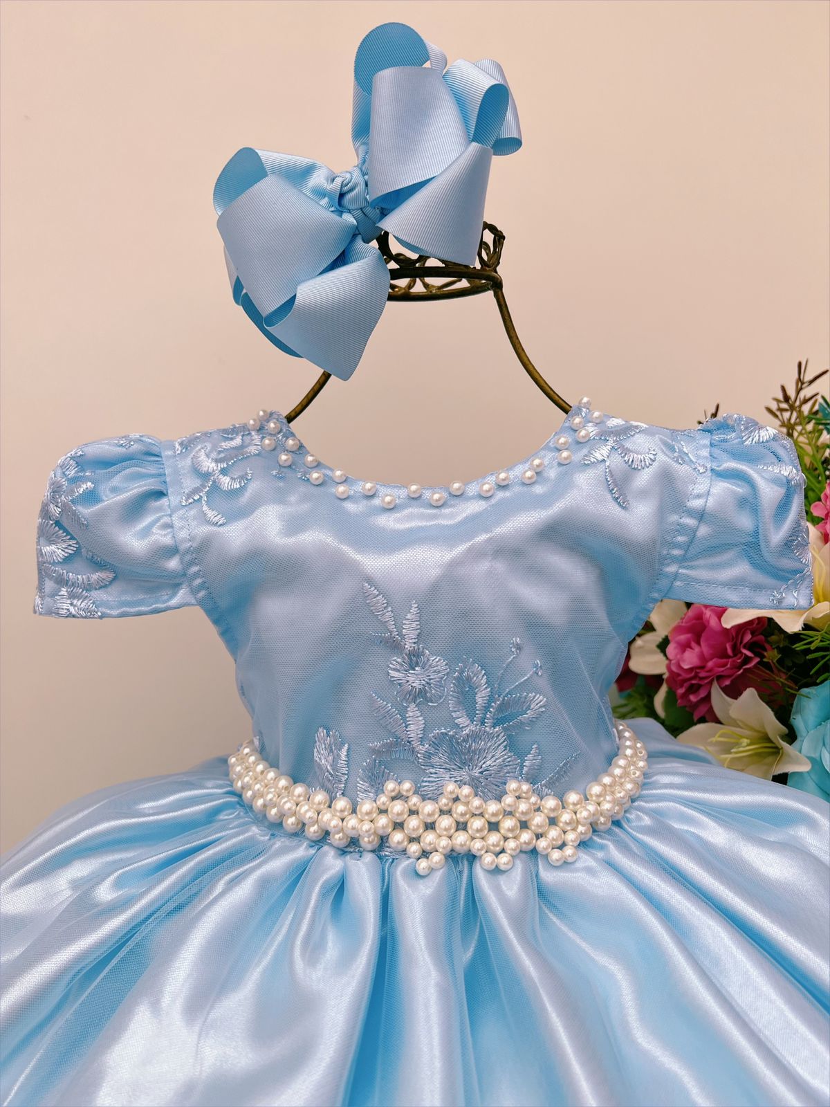 Vestido Infantil Azul Rendado Casamento Damas Luxo Pérolas