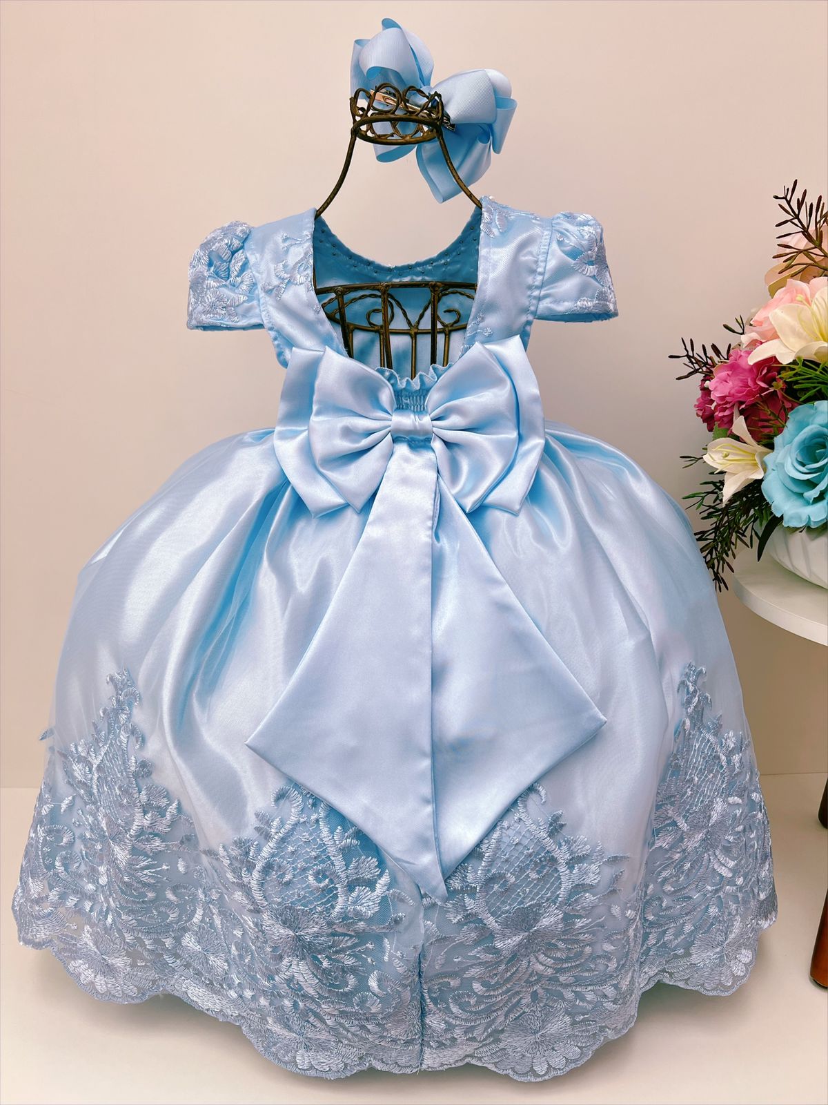Vestido Infantil Azul Rendado Casamento Damas Luxo Pérolas