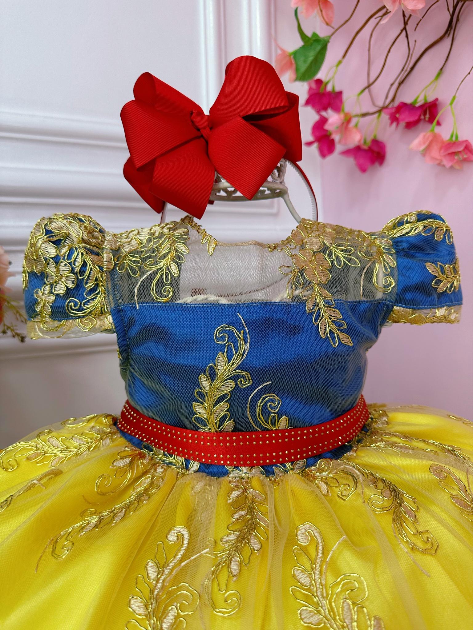 Vestido Infantil Branca de Neve Renda Dourada Strass Luxo