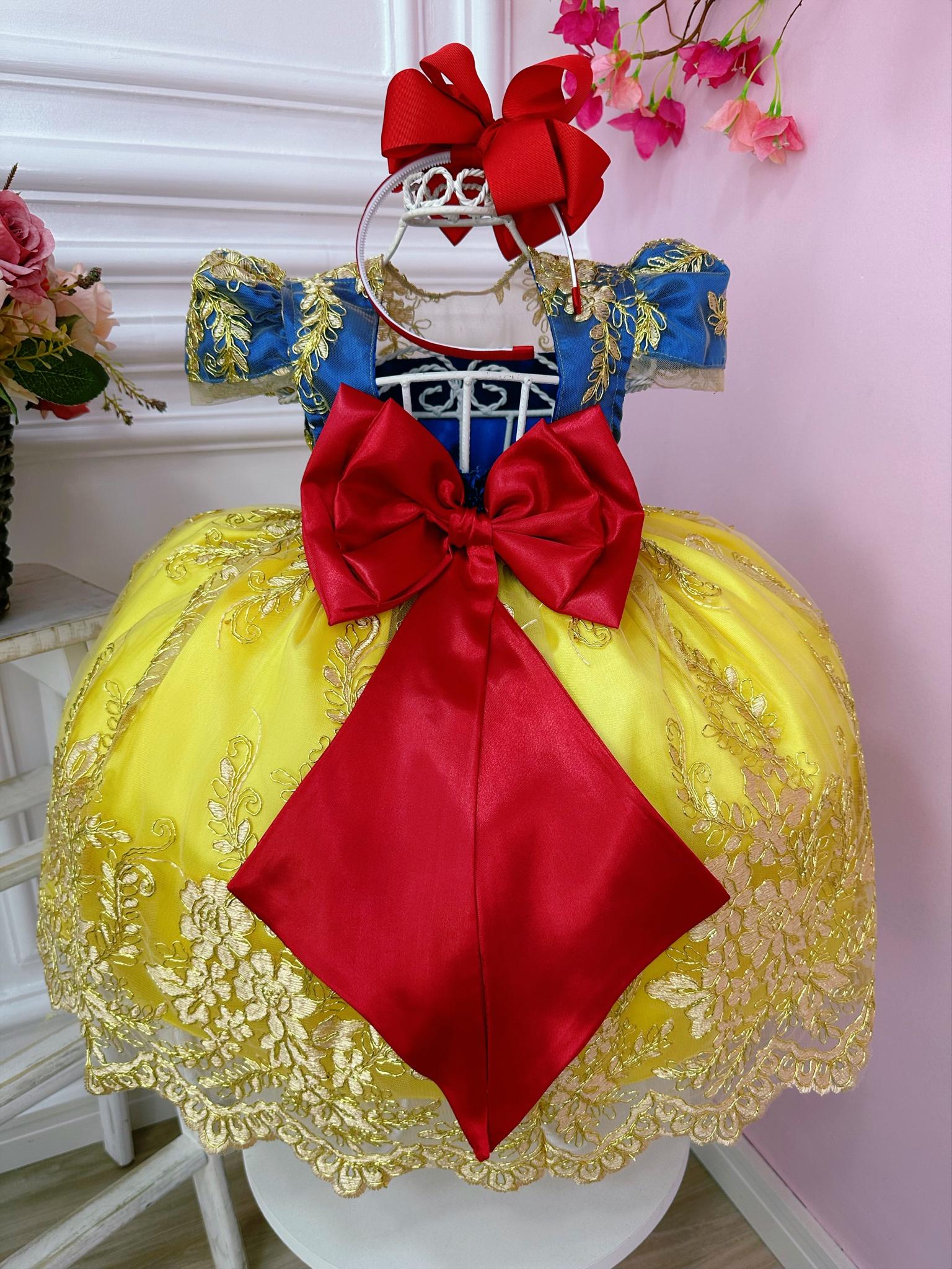 Vestido Infantil Branca de Neve Renda Dourada Strass Luxo