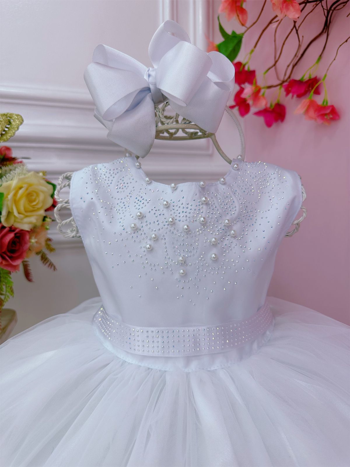Vestido Infantil Branco Busto Strass Damas Luxo Festas