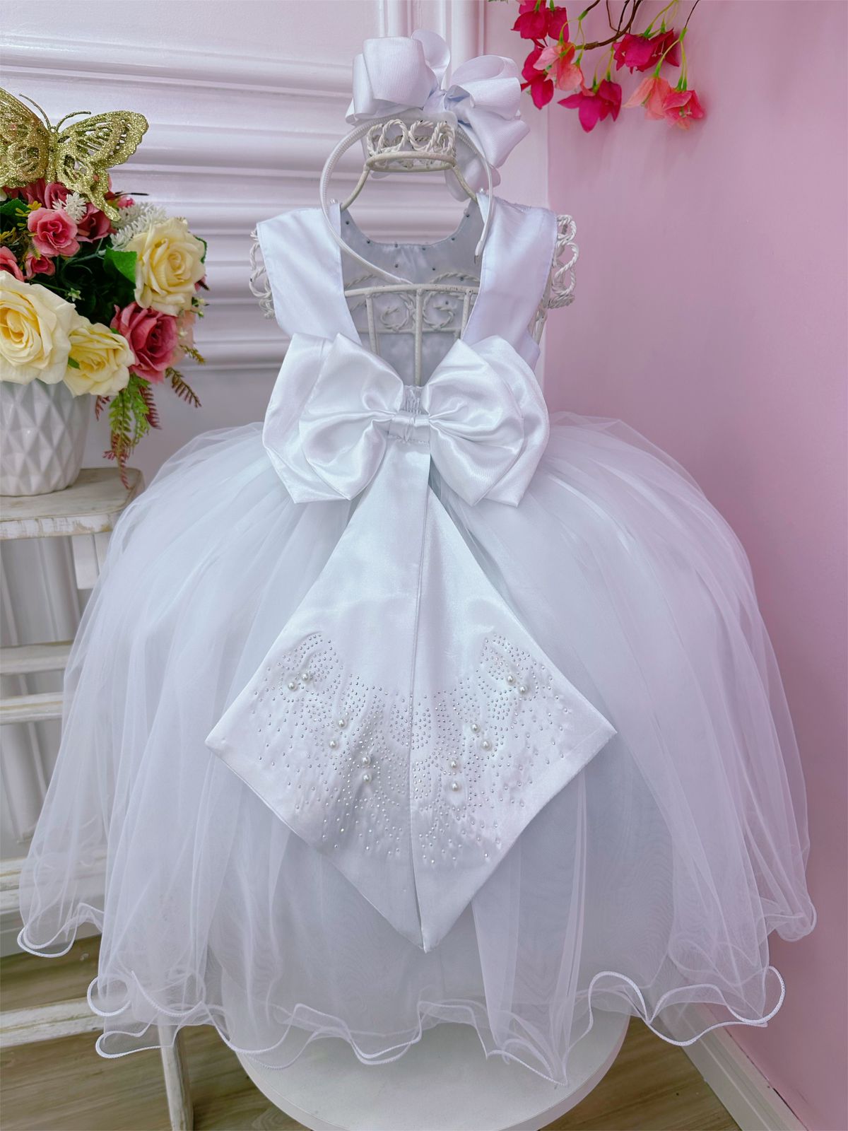 Vestido Infantil Branco Busto Strass Damas Luxo Festas