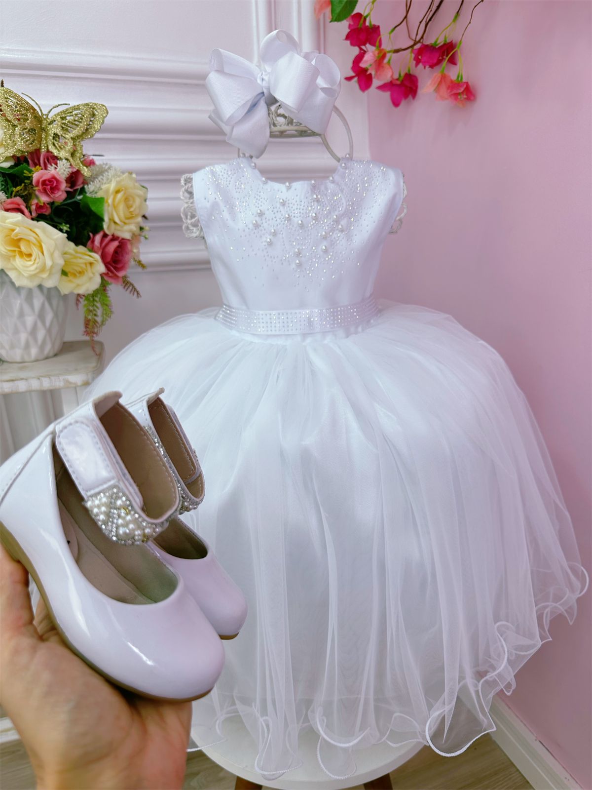 Vestido Infantil Branco Busto Strass Damas Luxo Festas