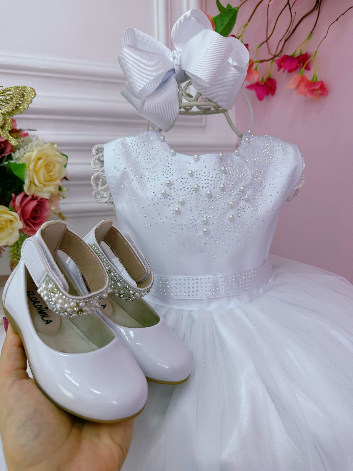 Vestido Infantil Branco Busto Strass Damas Luxo Festas