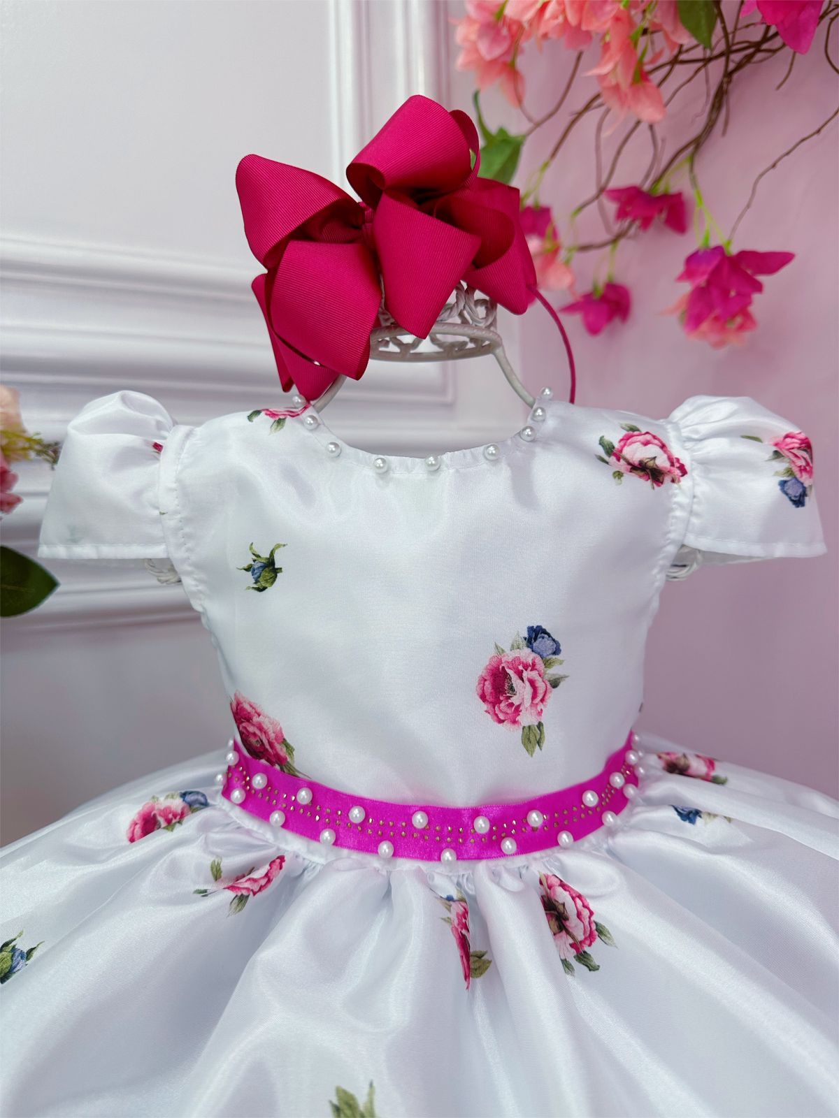 Vestido Infantil Branco Florido Pink e Cinto Strass Pérolas