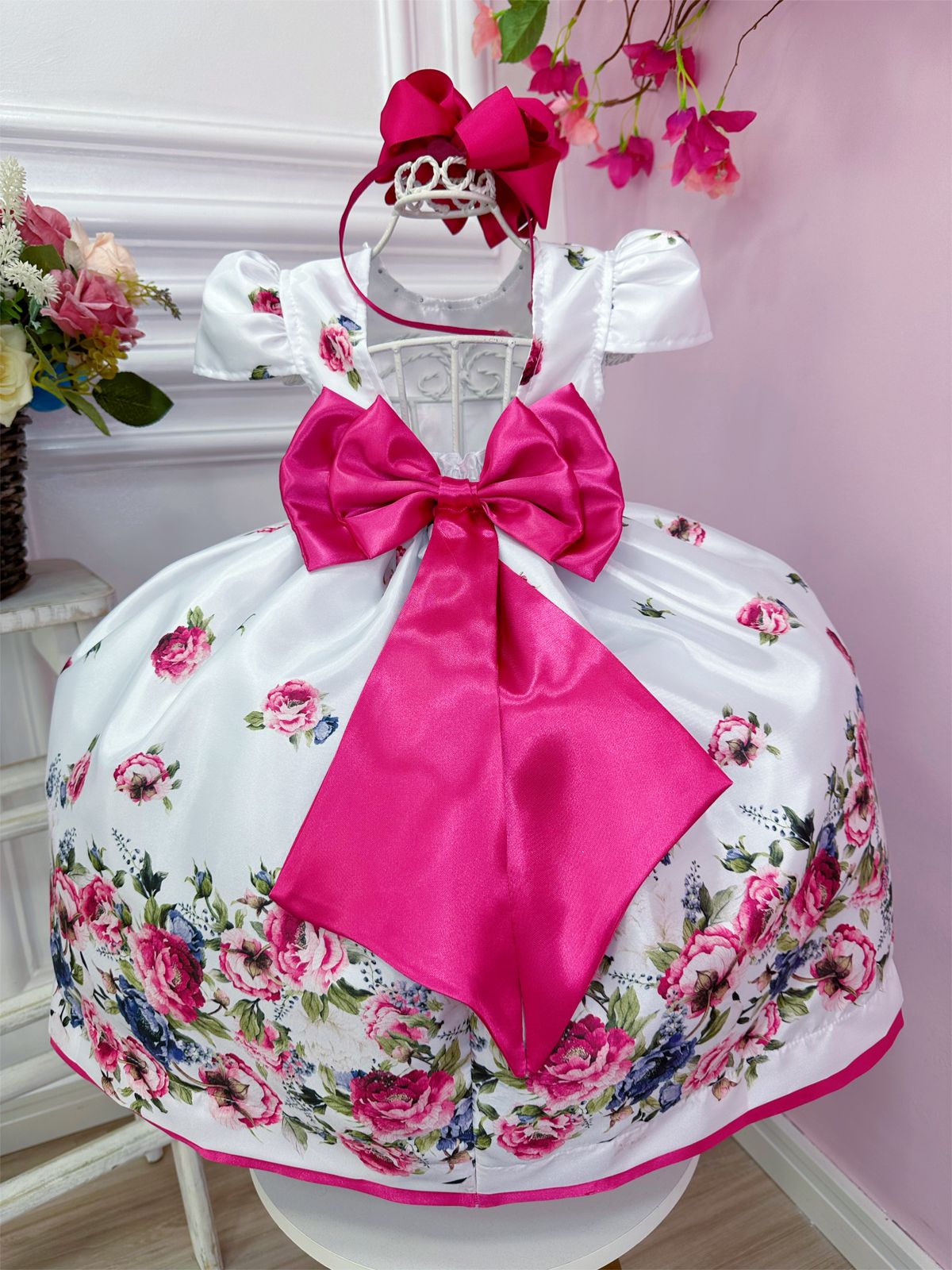 Vestido Infantil Branco Florido Pink e Cinto Strass Pérolas