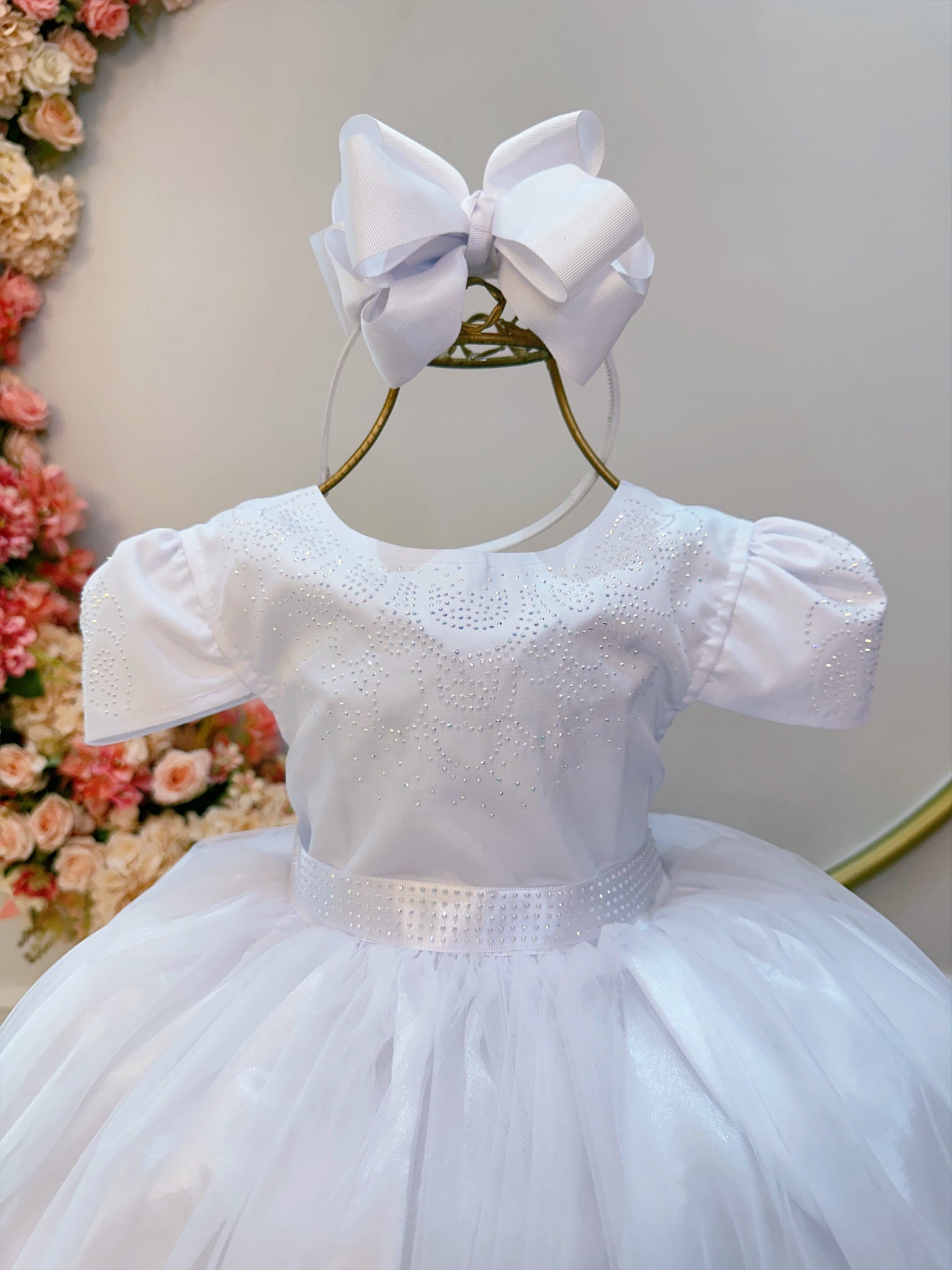 Vestido Infantil Branco Strass Damas Luxo Mangas