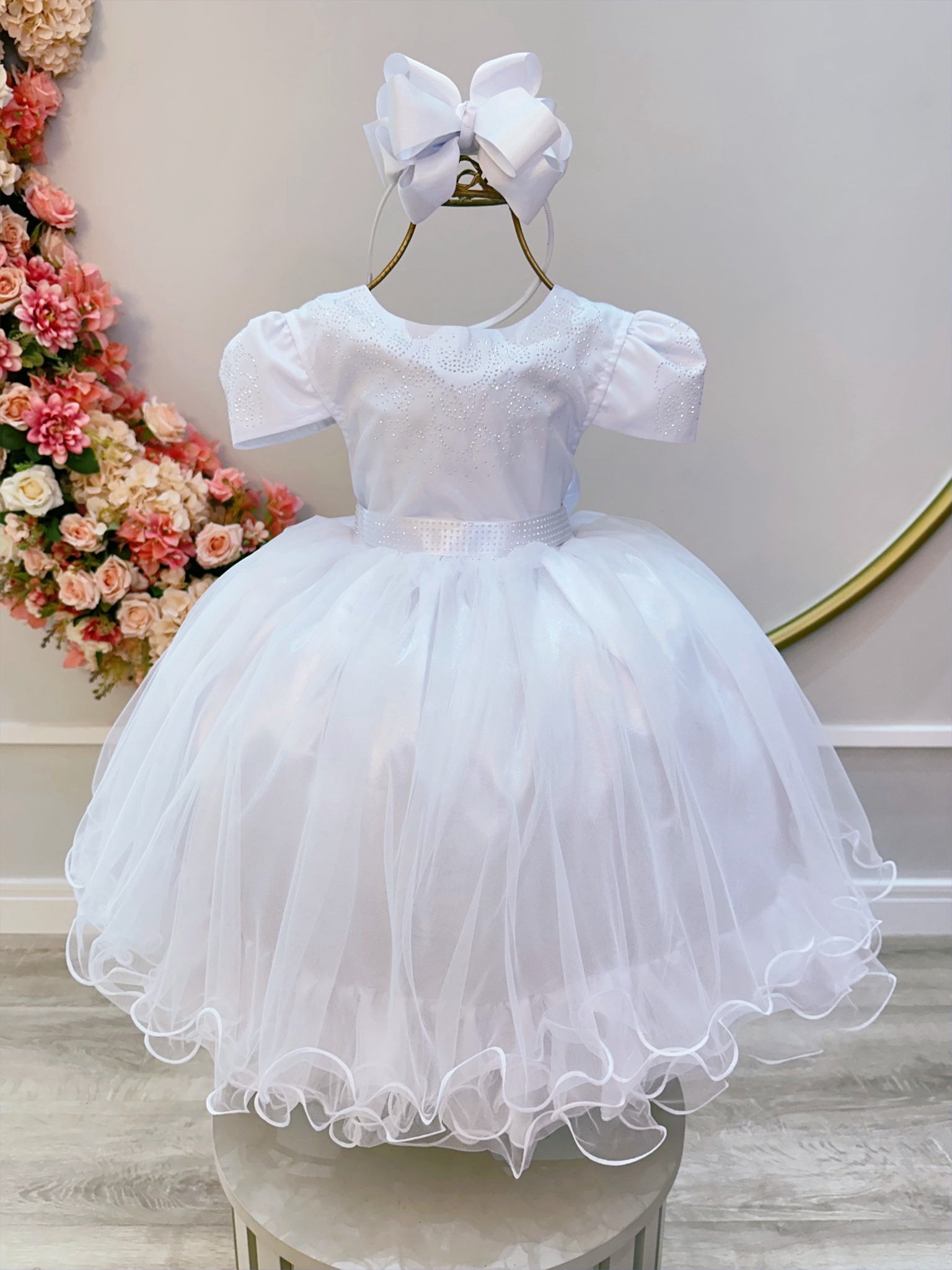 Vestido Infantil Branco Strass Damas Luxo Mangas