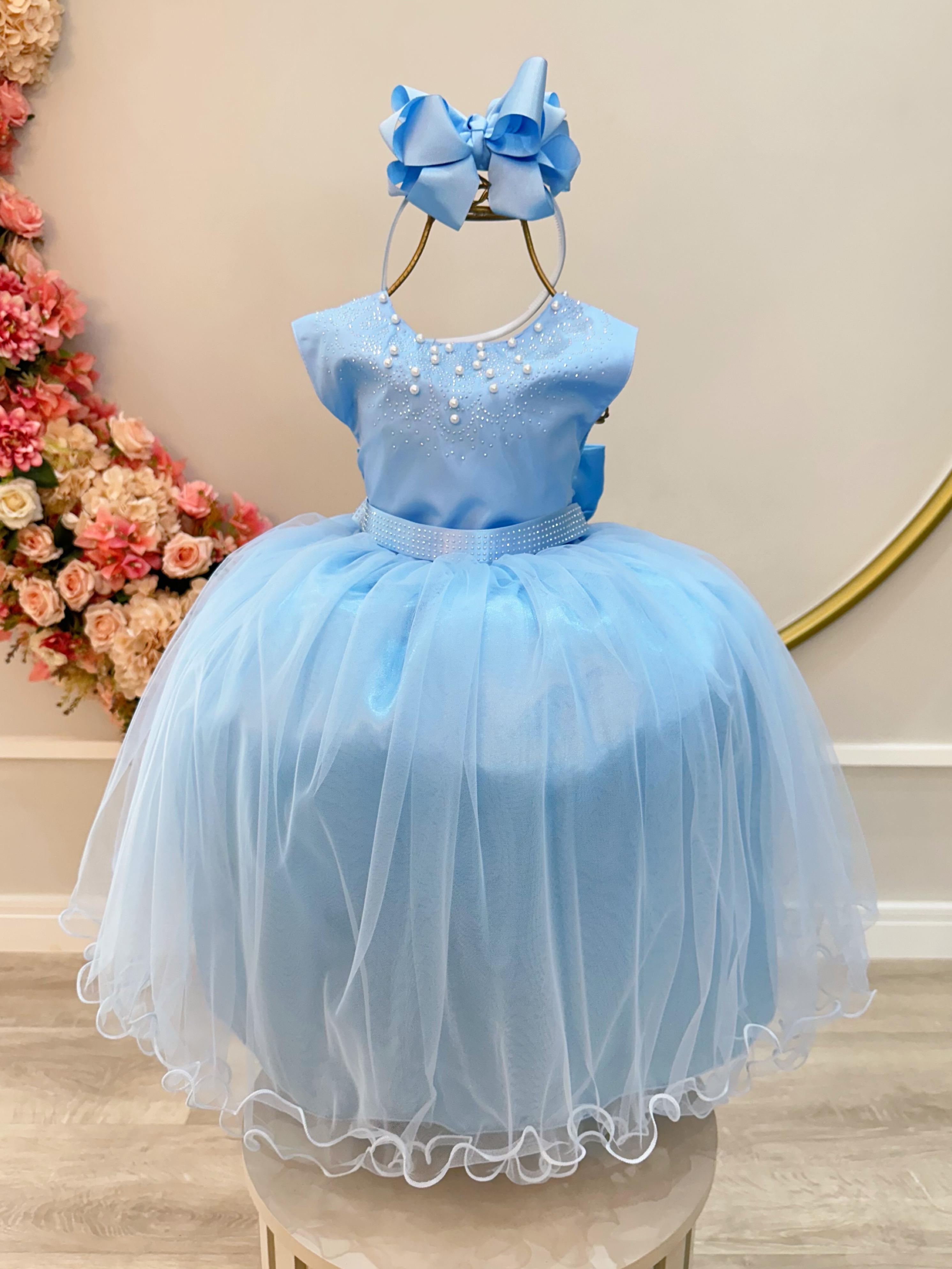 Vestido Infantil Damas de Honra Longo Azul Bebê Pérolas