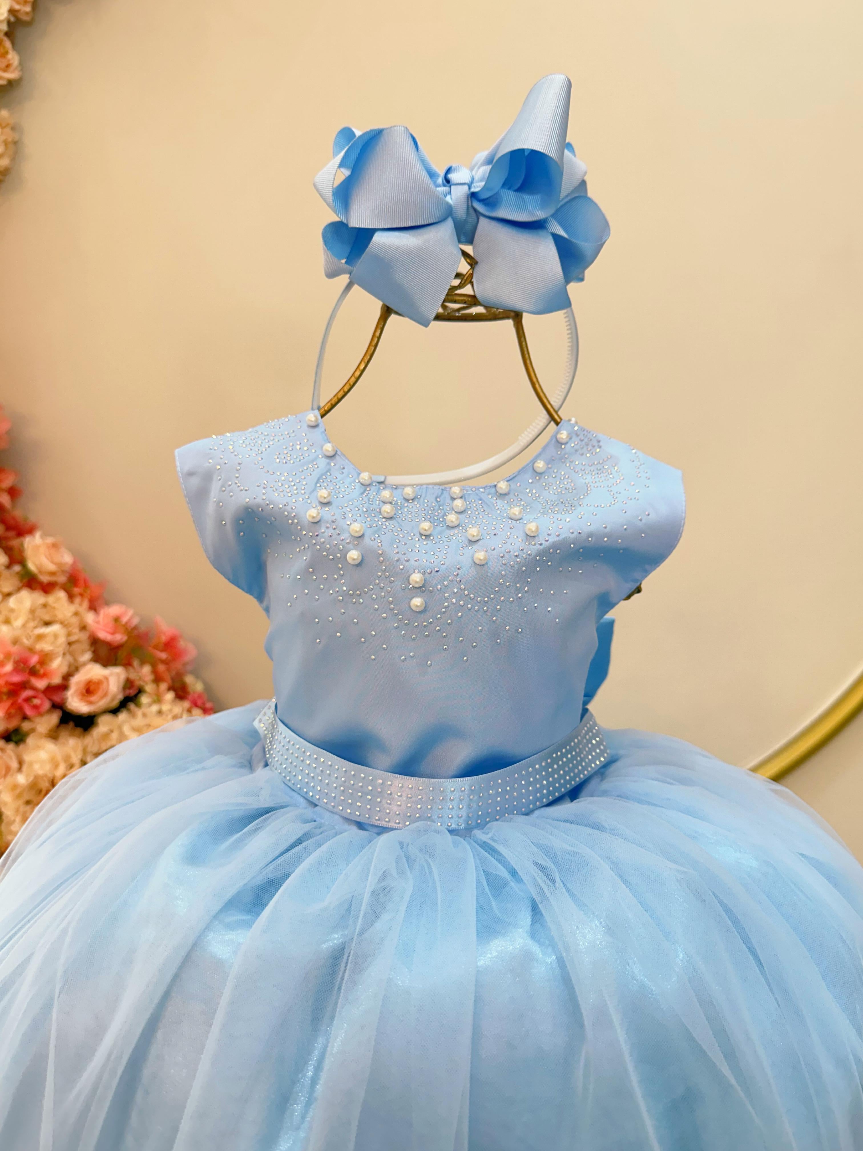 Vestido Infantil Damas de Honra Longo Azul Bebê Pérolas