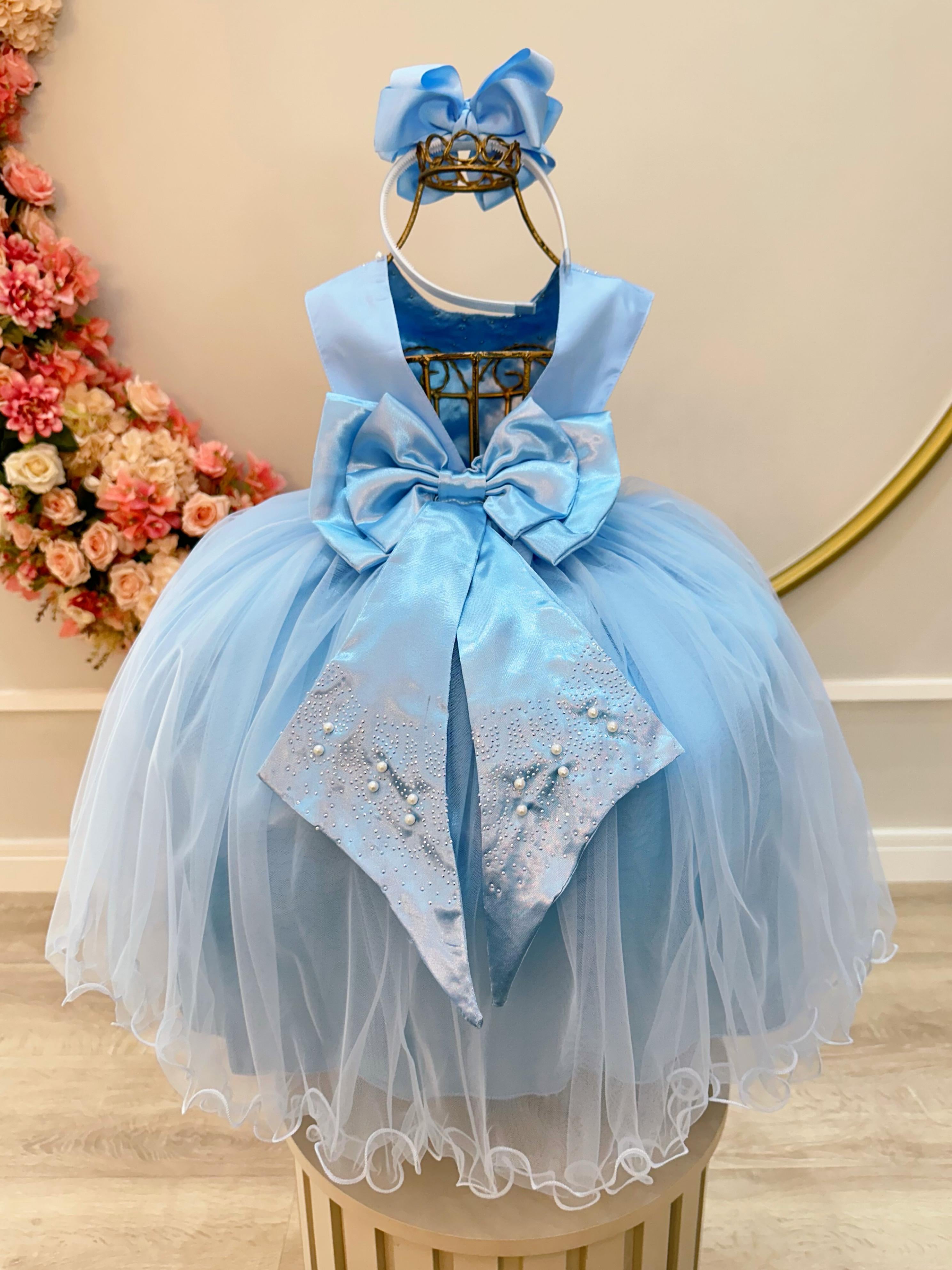 Vestido Infantil Damas de Honra Longo Azul Bebê Pérolas