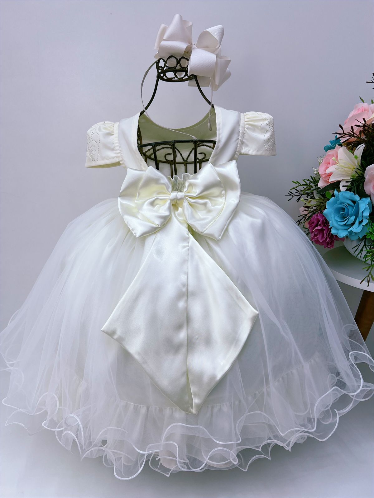 Vestido Infantil Marfim Strass Damas Luxo Mangas 