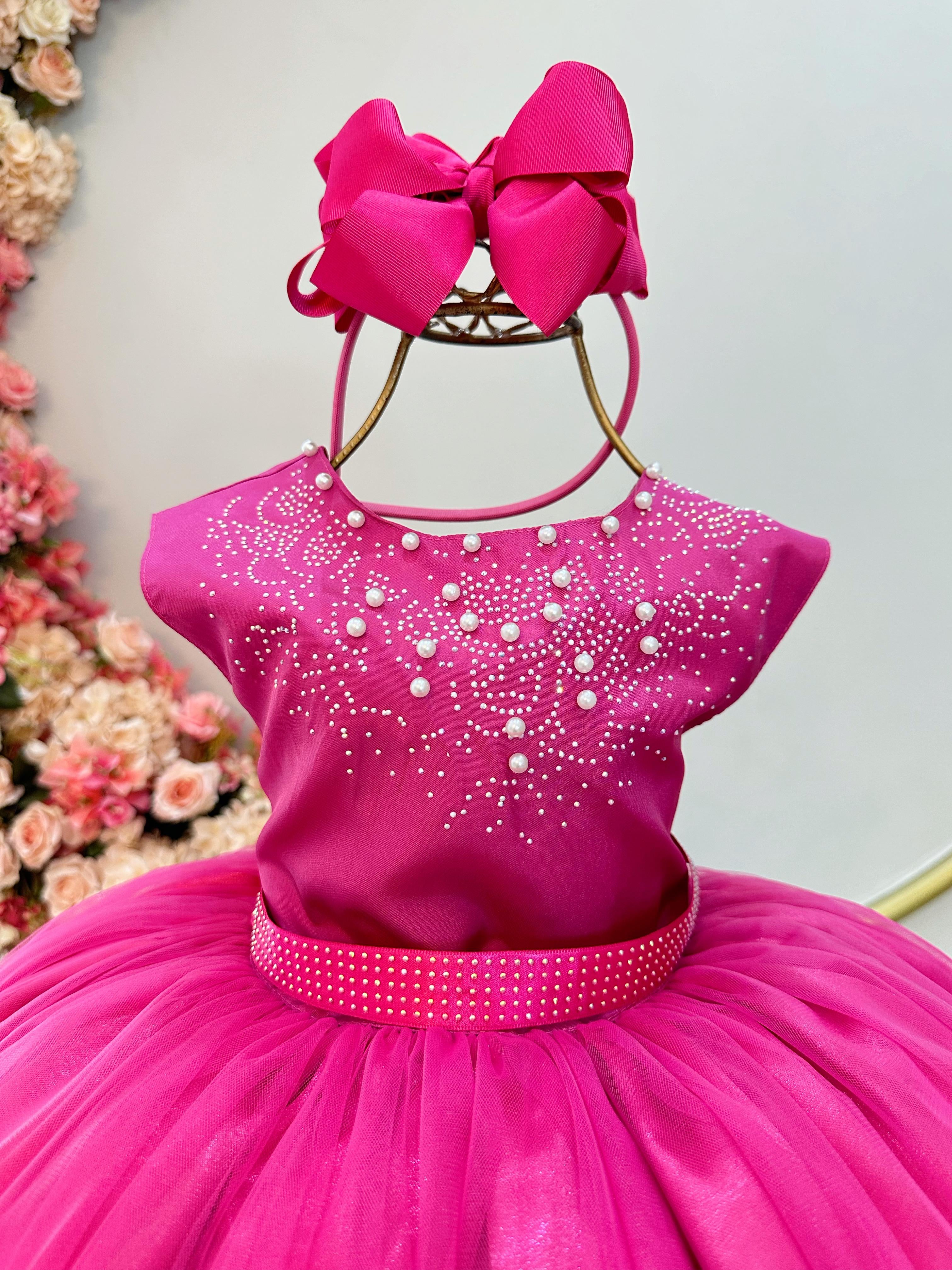 Vestido Infantil Pink Damas de Honra Longo Pérolas e Strass