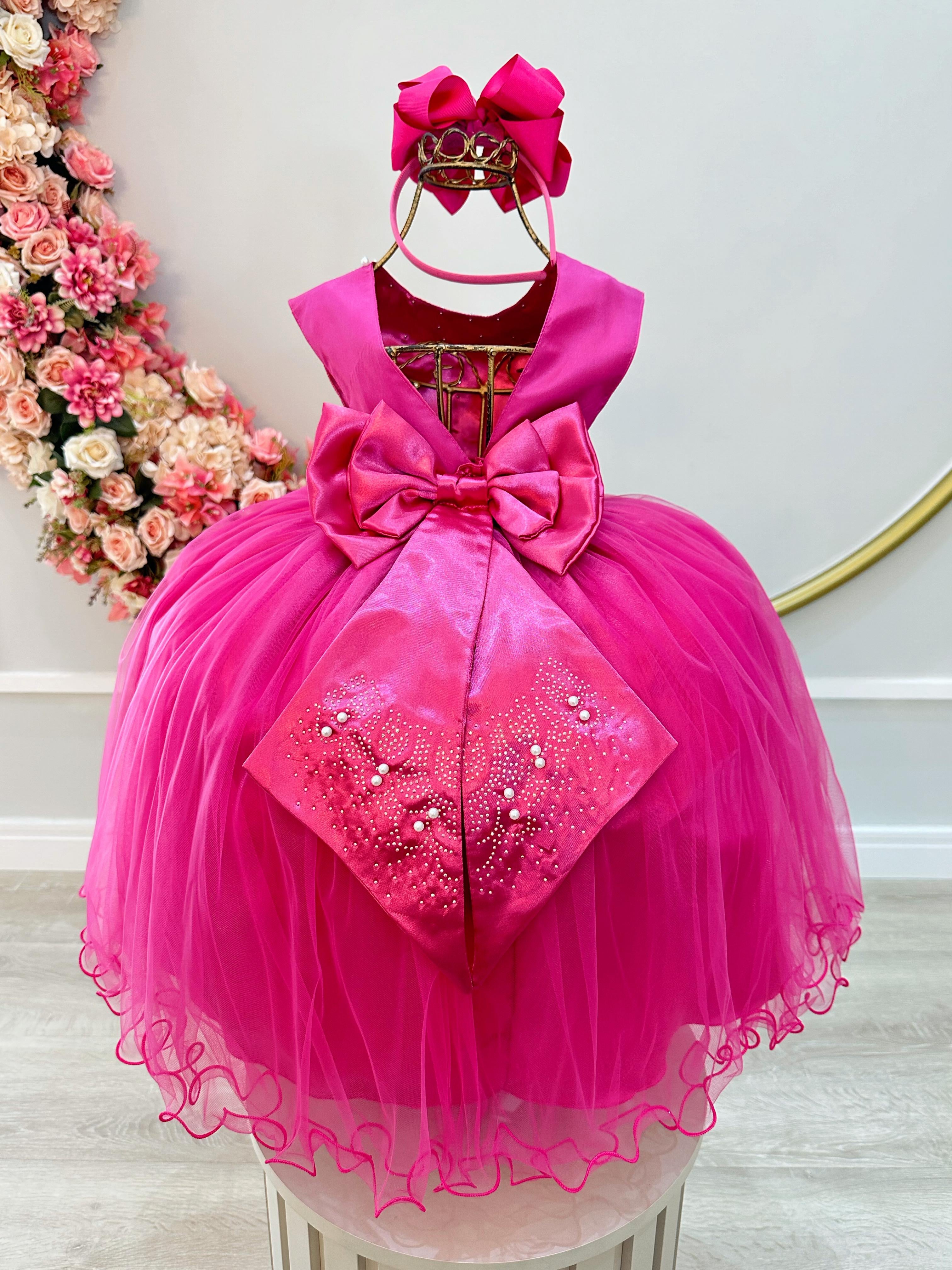 Vestido Infantil Pink Damas de Honra Longo Pérolas e Strass