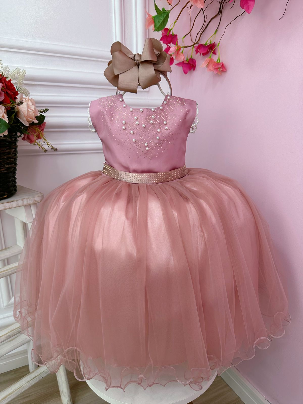 Vestido Infantil Rose C/ Strass Pérolas Damas Luxo
