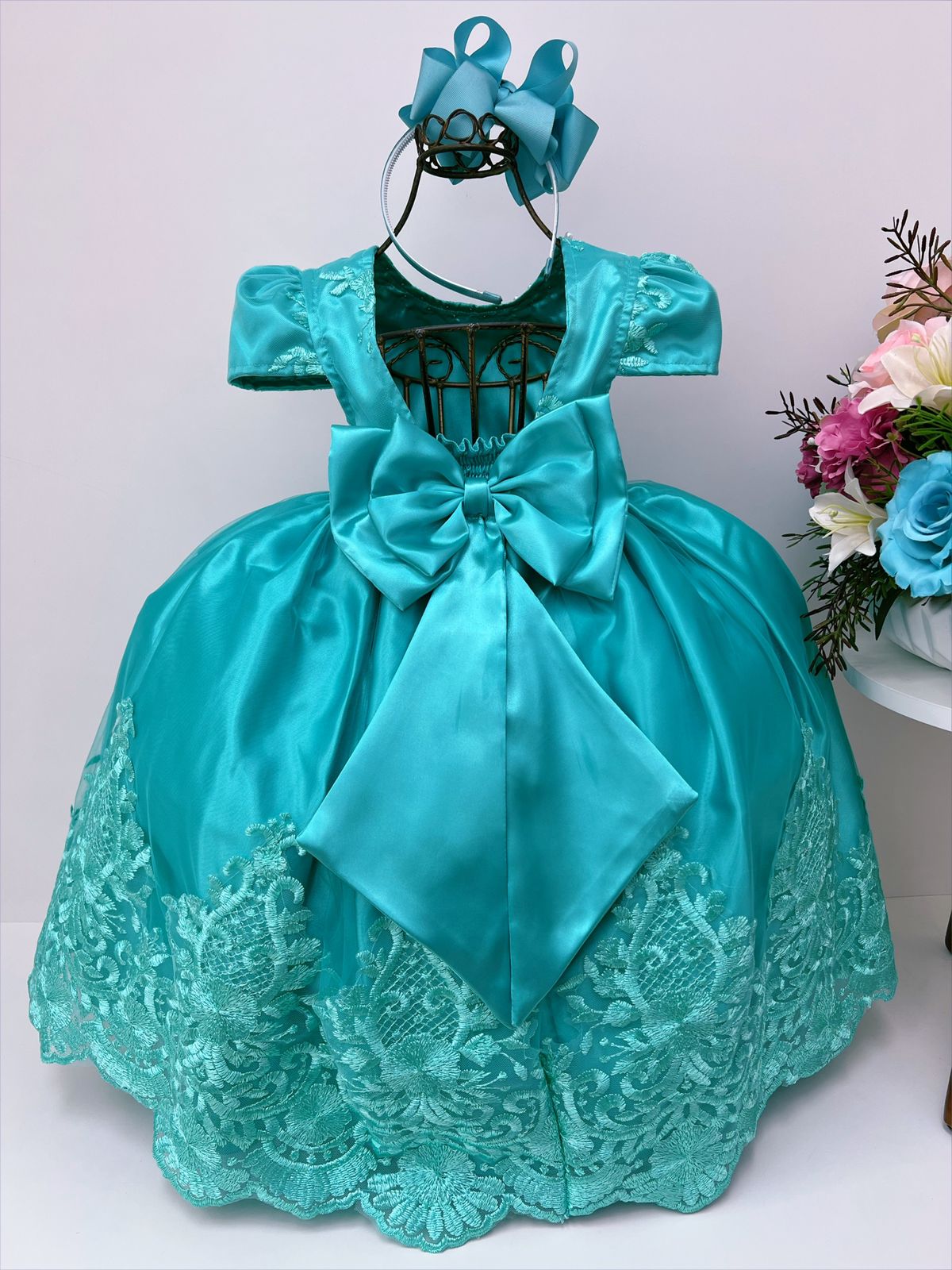 Vestido Infantil Verde Rendado Casamento Damas Luxo Pérolas