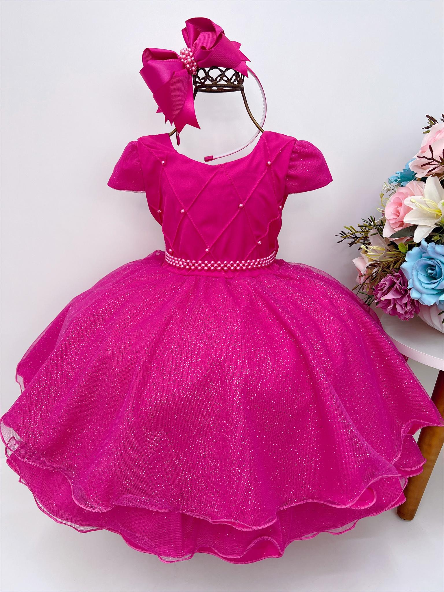 Vestido Infantil Pink Peito Nervura Cinto de Pérolas