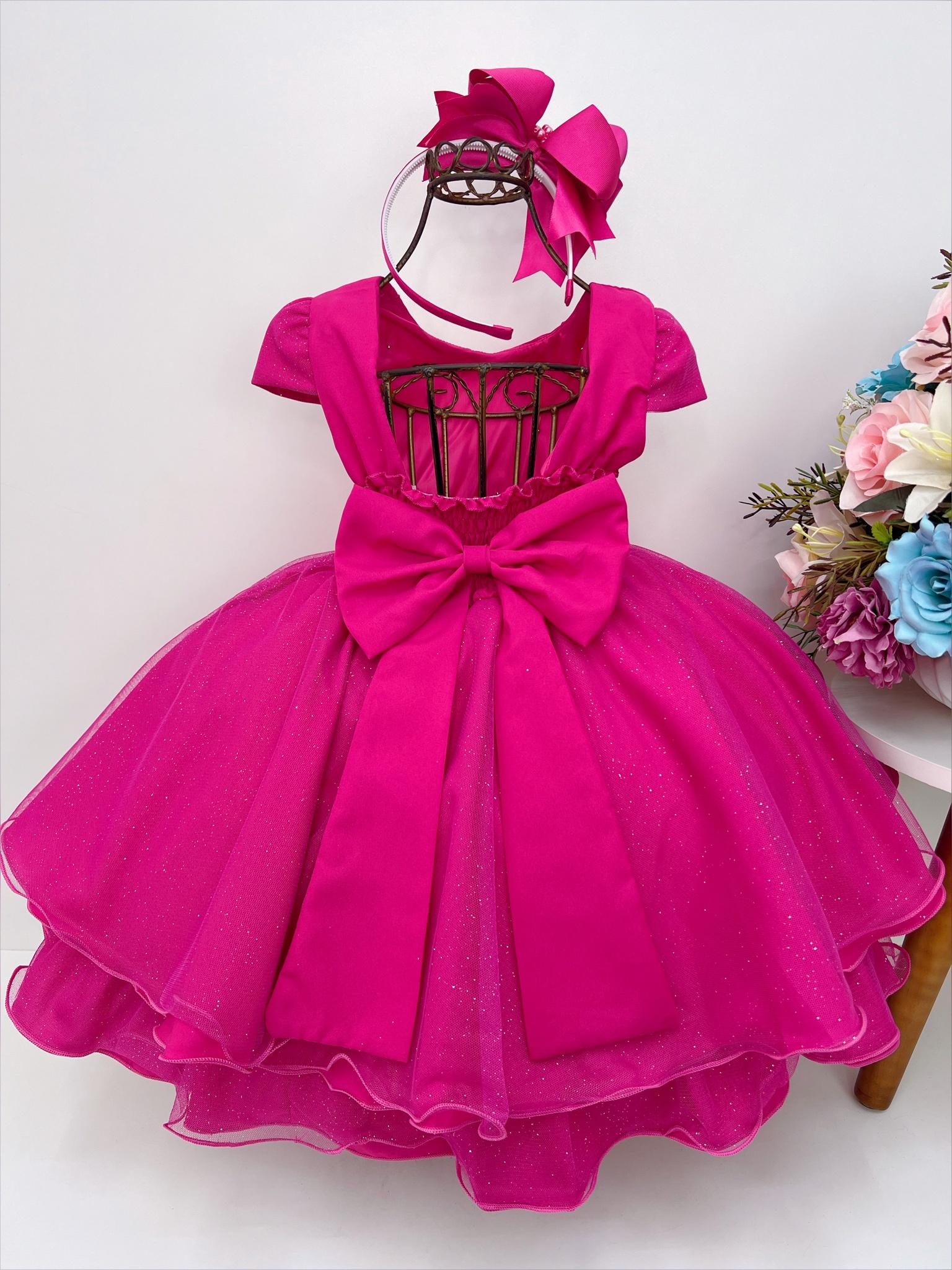 Vestido Infantil Pink Peito Nervura Cinto de Pérolas