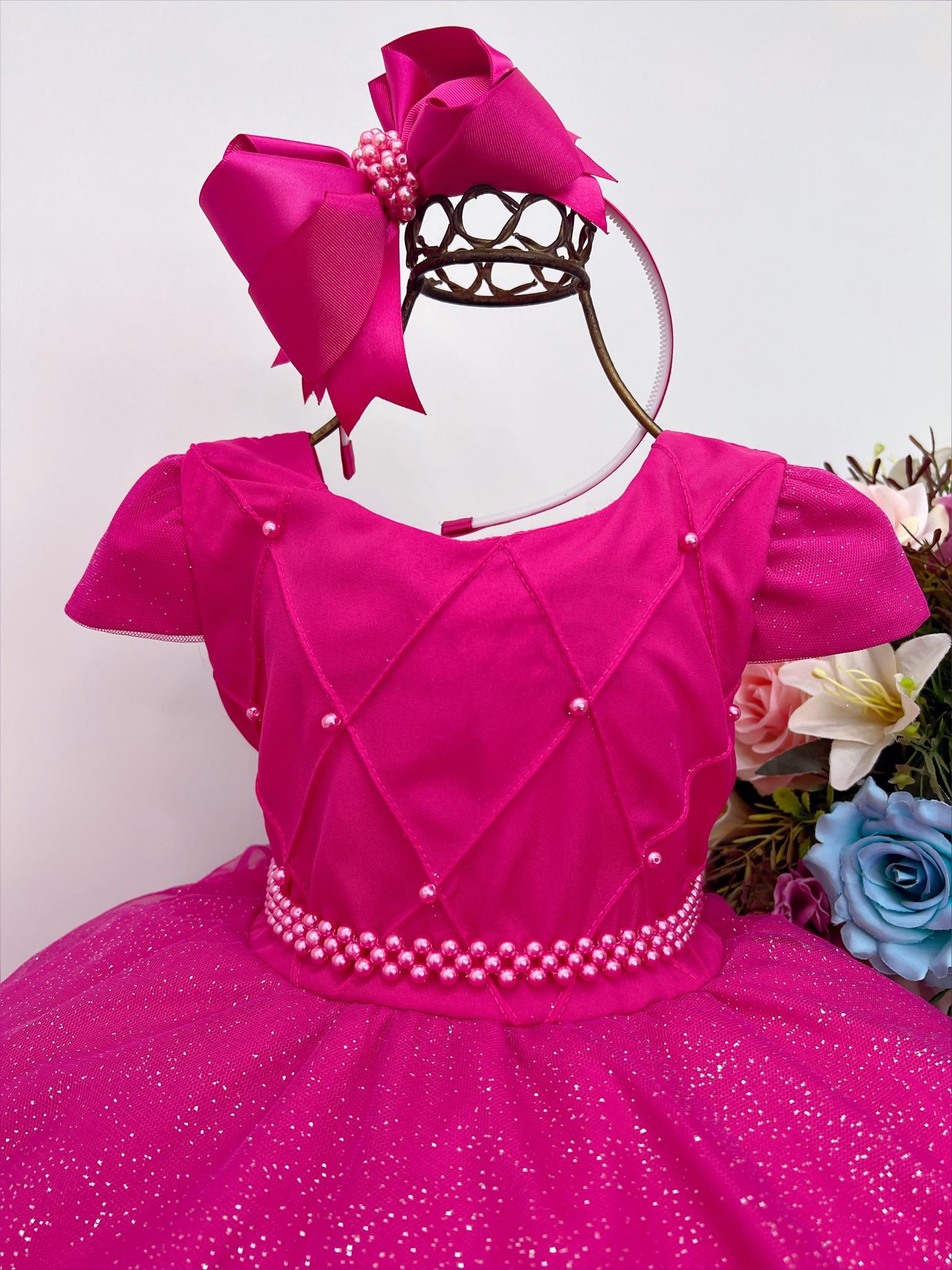 Vestido Infantil Pink Peito Nervura Cinto de Pérolas