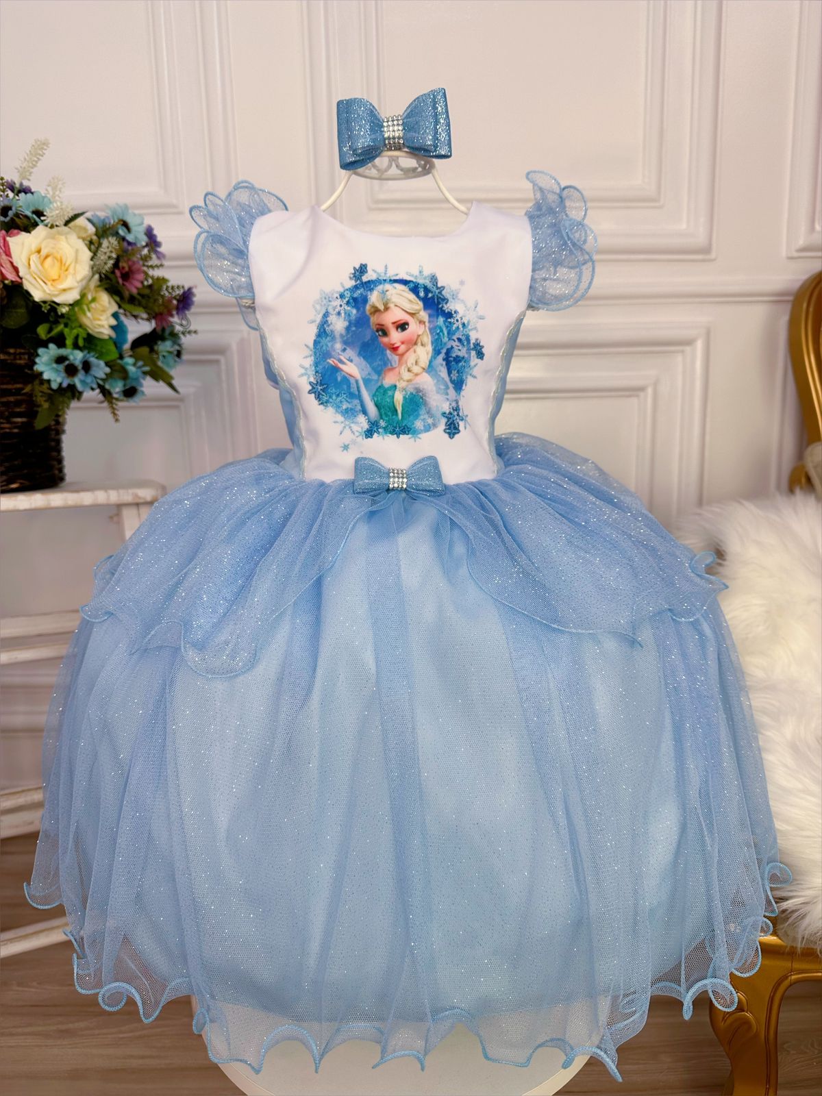 Vestido Infantil Princesa Frozen Azul C/ Laço e Glitter