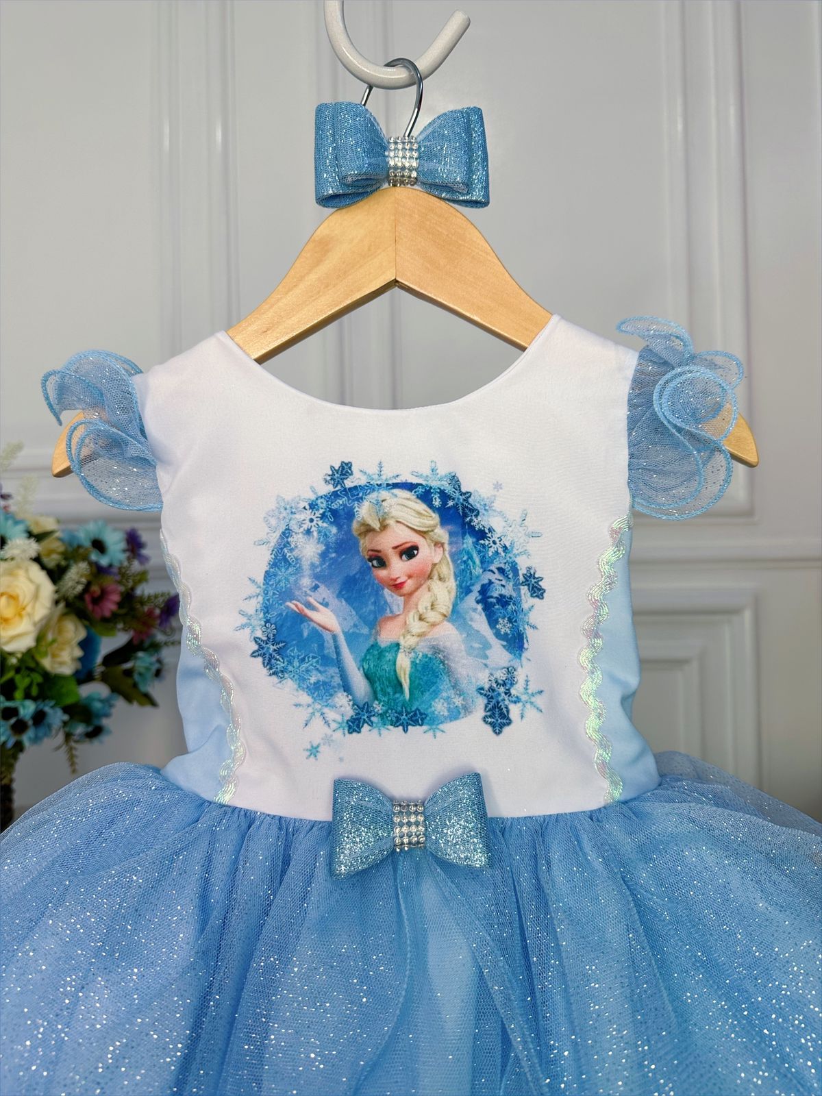 Vestido Infantil Princesa Frozen Azul C/ Laço e Glitter