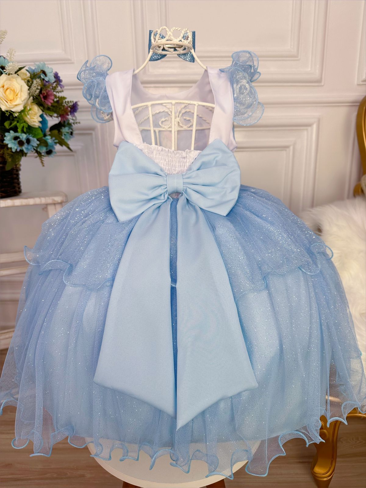 Vestido Infantil Princesa Frozen Azul C/ Laço e Glitter