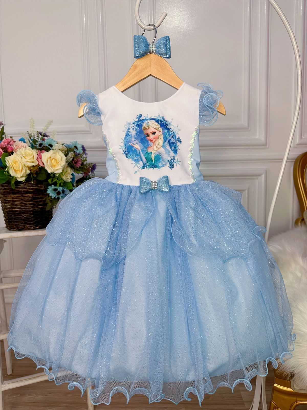 Vestido Infantil Princesa Frozen Azul C/ Laço e Glitter