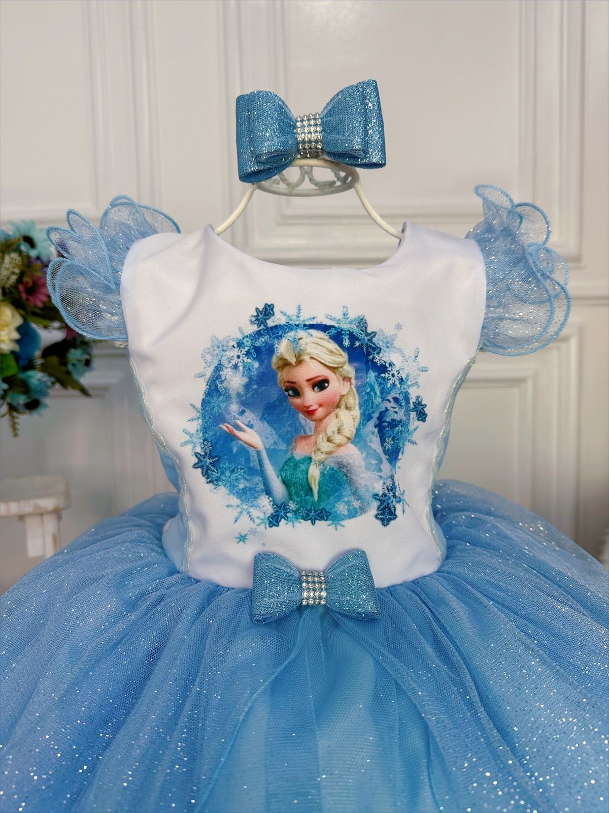 Vestido Infantil Princesa Frozen Azul C/ Laço e Glitter