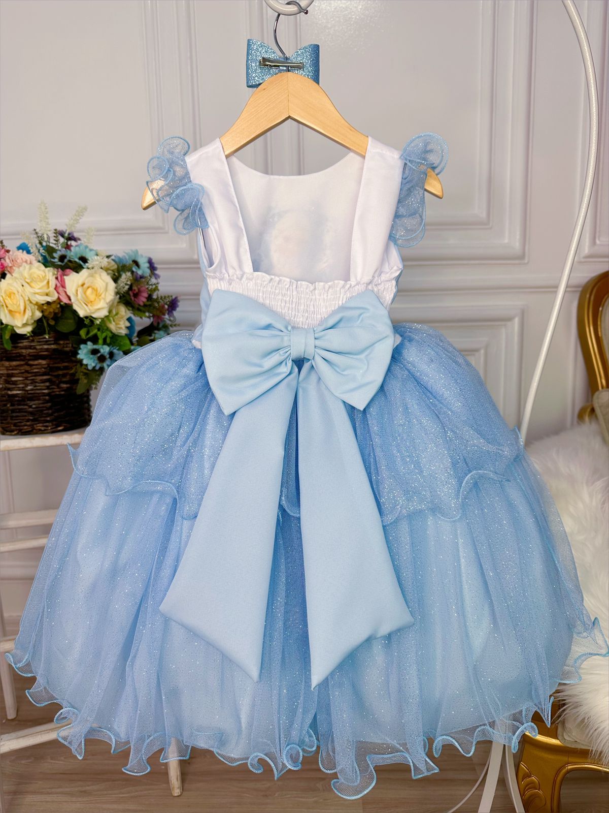 Vestido Infantil Princesa Frozen Azul C/ Laço e Glitter