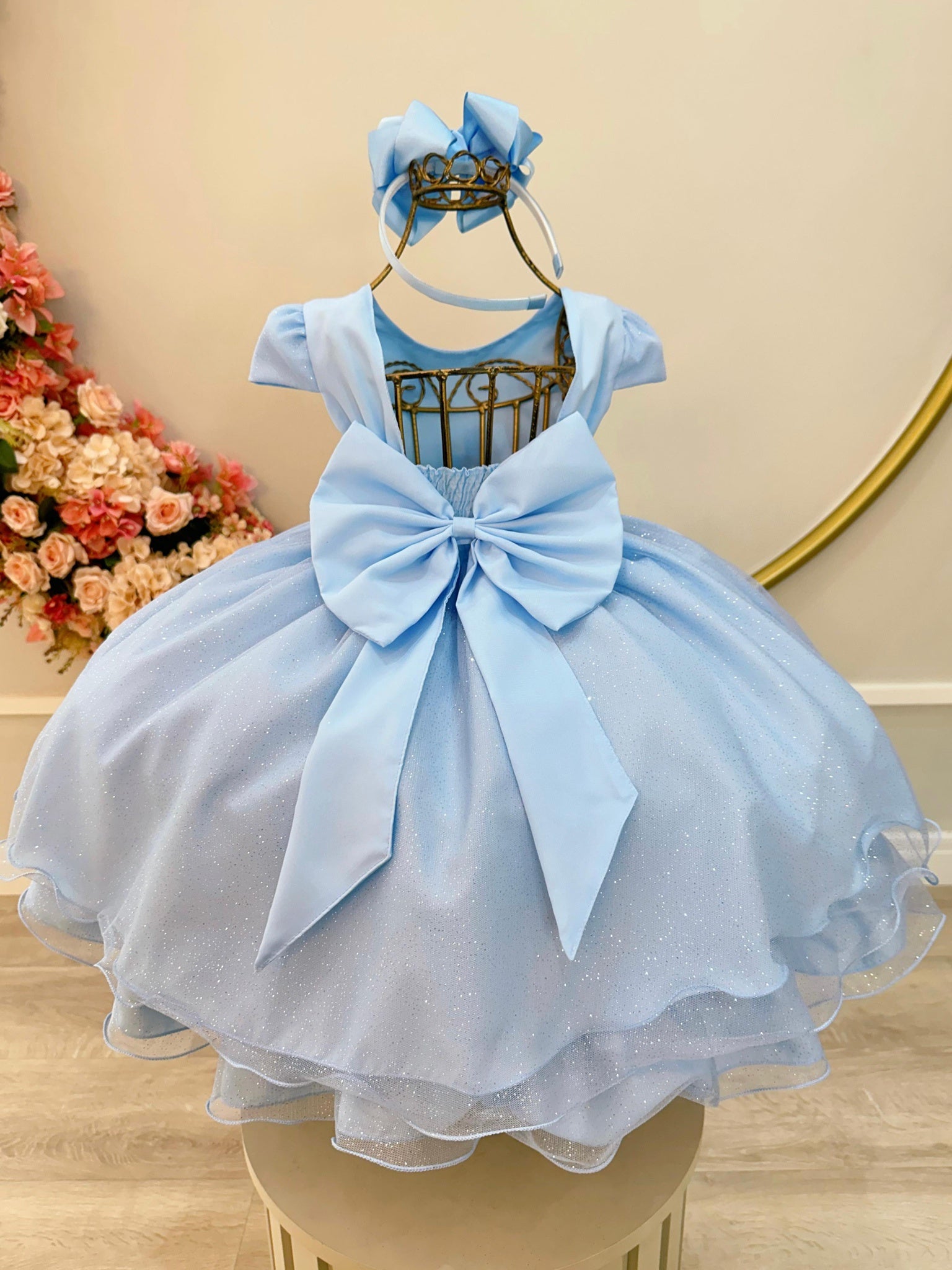Vestido Infantil Azul Claro C/ Apliques Borboletas Glitter