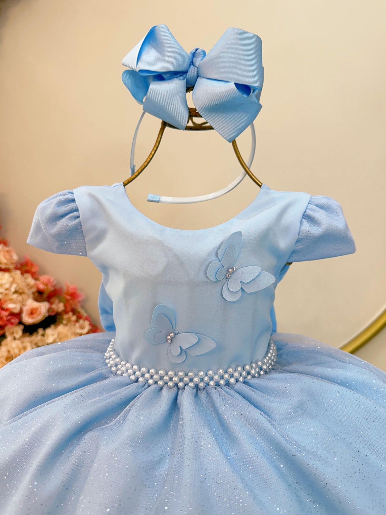 Vestido Infantil Azul Claro C/ Apliques Borboletas Glitter