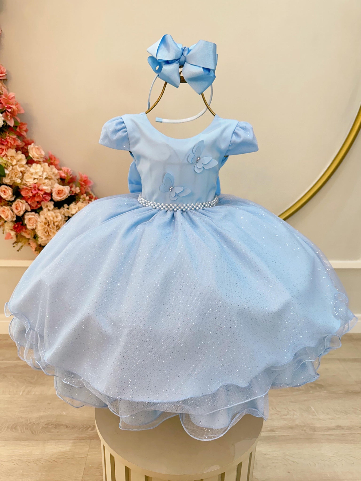 Vestido Infantil Azul Claro C/ Apliques Borboletas Glitter