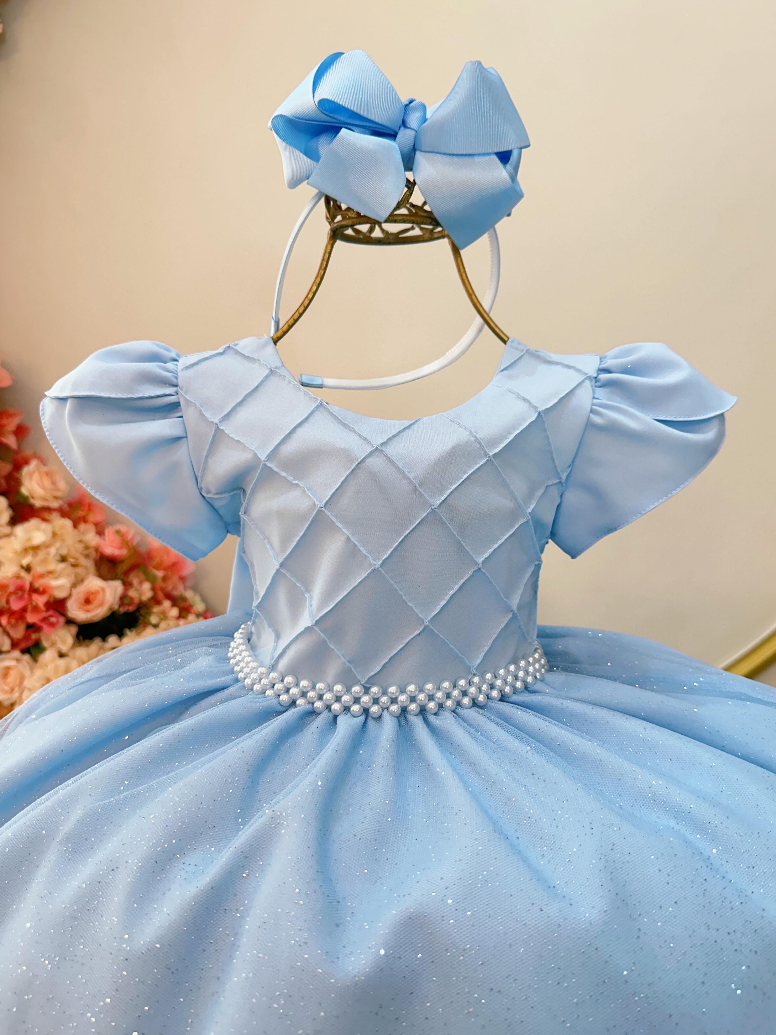 Vestido Infantil Azul Claro C/ Busto Nervura Festas Daminhas