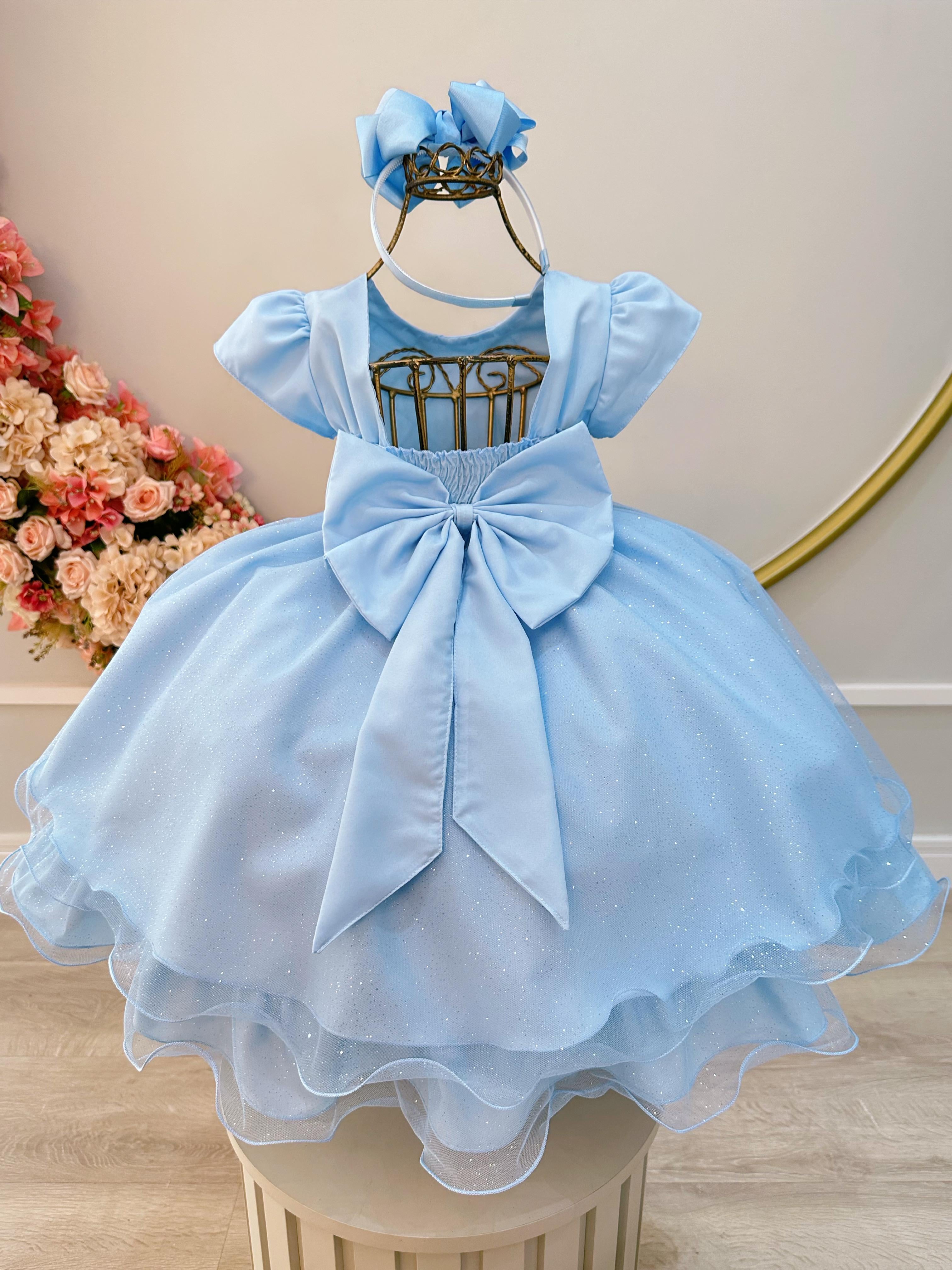 Vestido Infantil Azul Claro C/ Busto Nervura Festas Daminhas