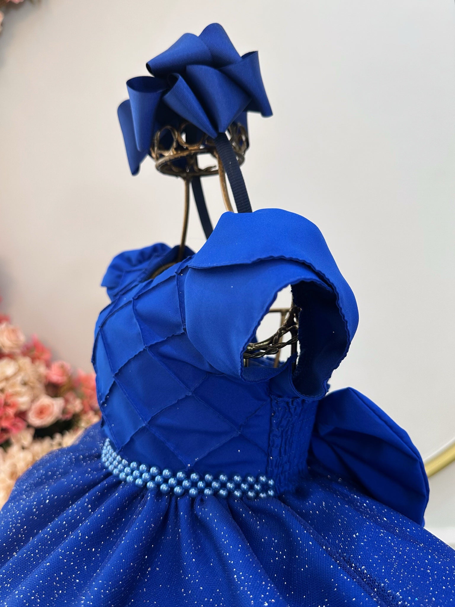 Vestido Infantil Azul Royal C/ Busto Nervura Festas Daminhas