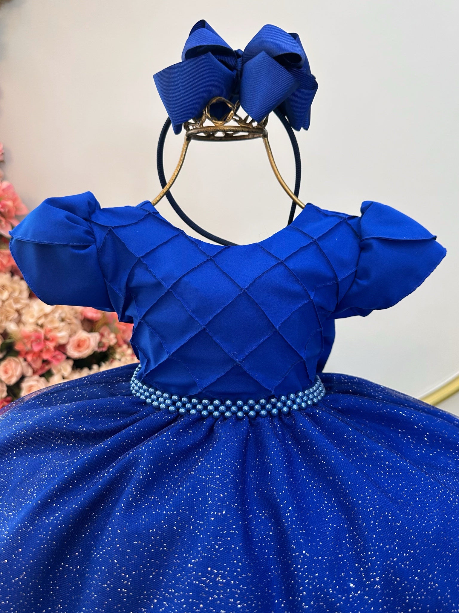 Vestido Infantil Azul Royal C/ Busto Nervura Festas Daminhas