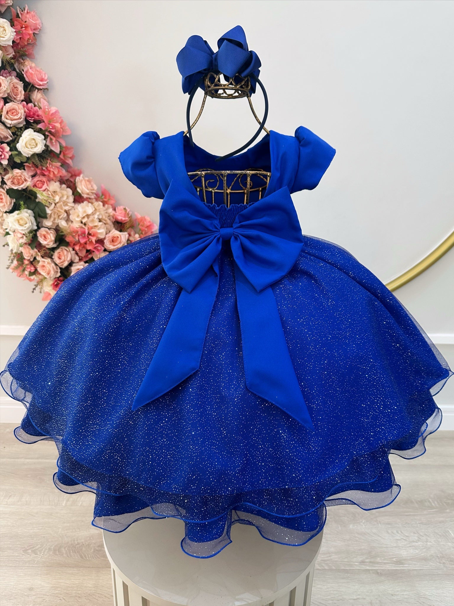 Vestido Infantil Azul Royal C/ Busto Nervura Festas Daminhas