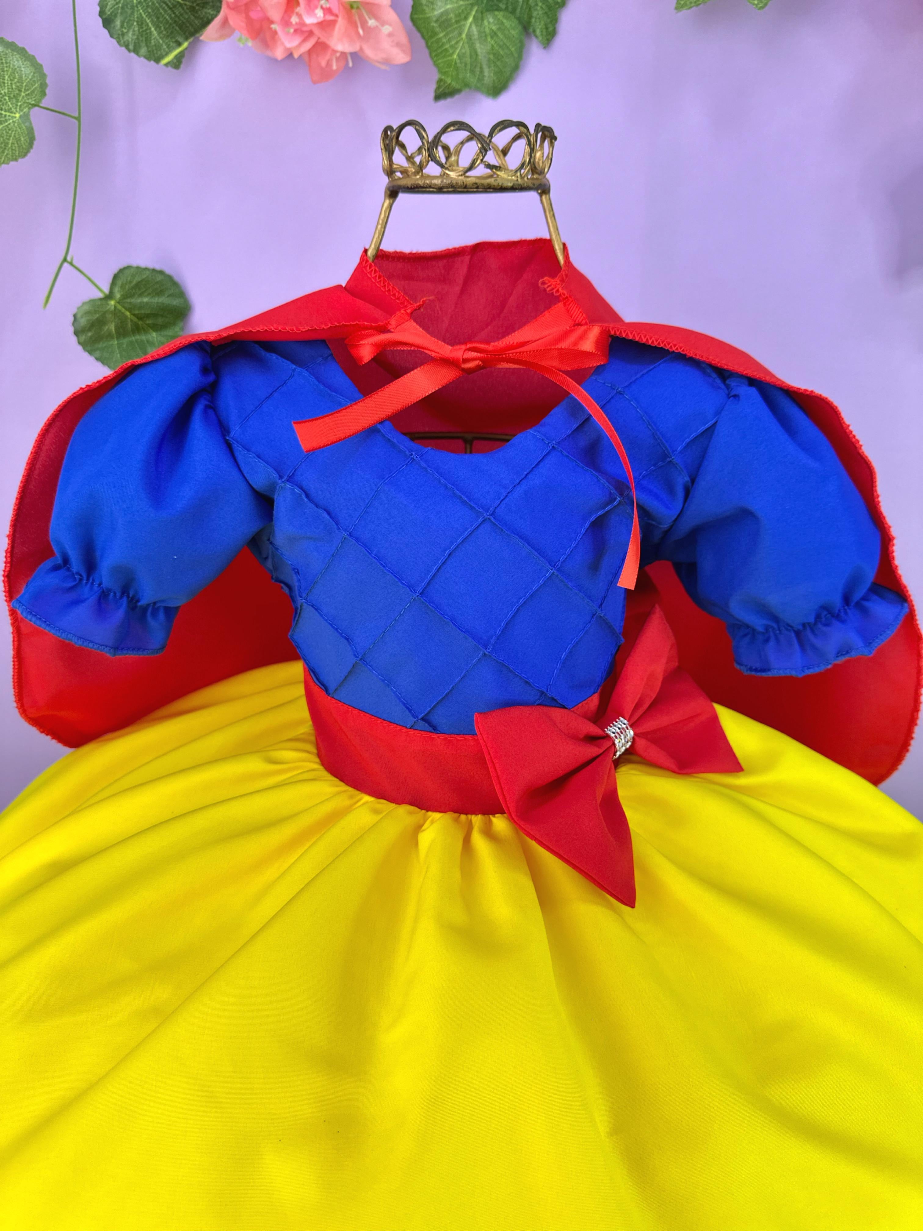 Vestido Infantil Branca de Neve Amarela Com Capa Festas