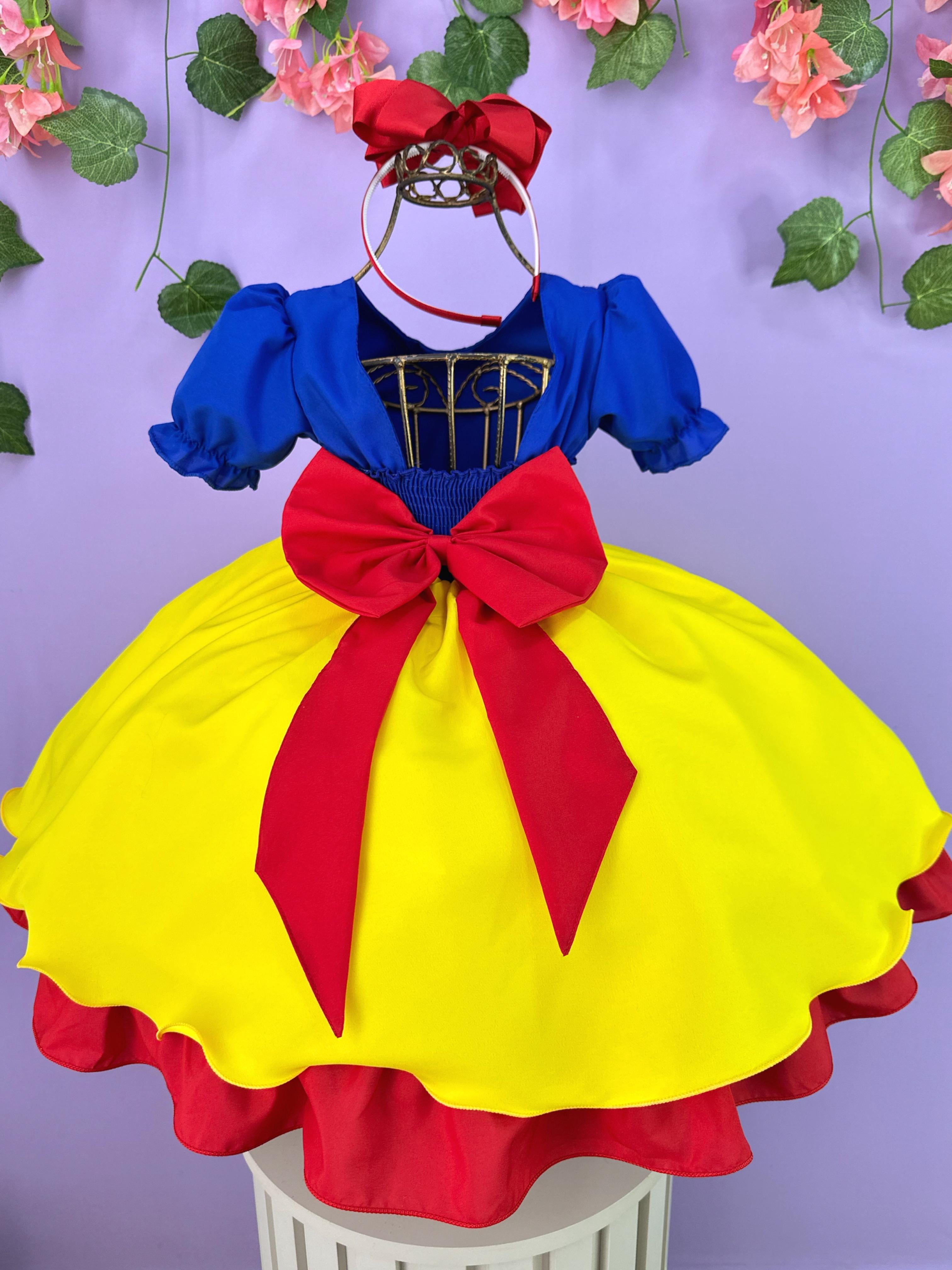 Vestido Infantil Branca de Neve Amarela Com Capa Festas