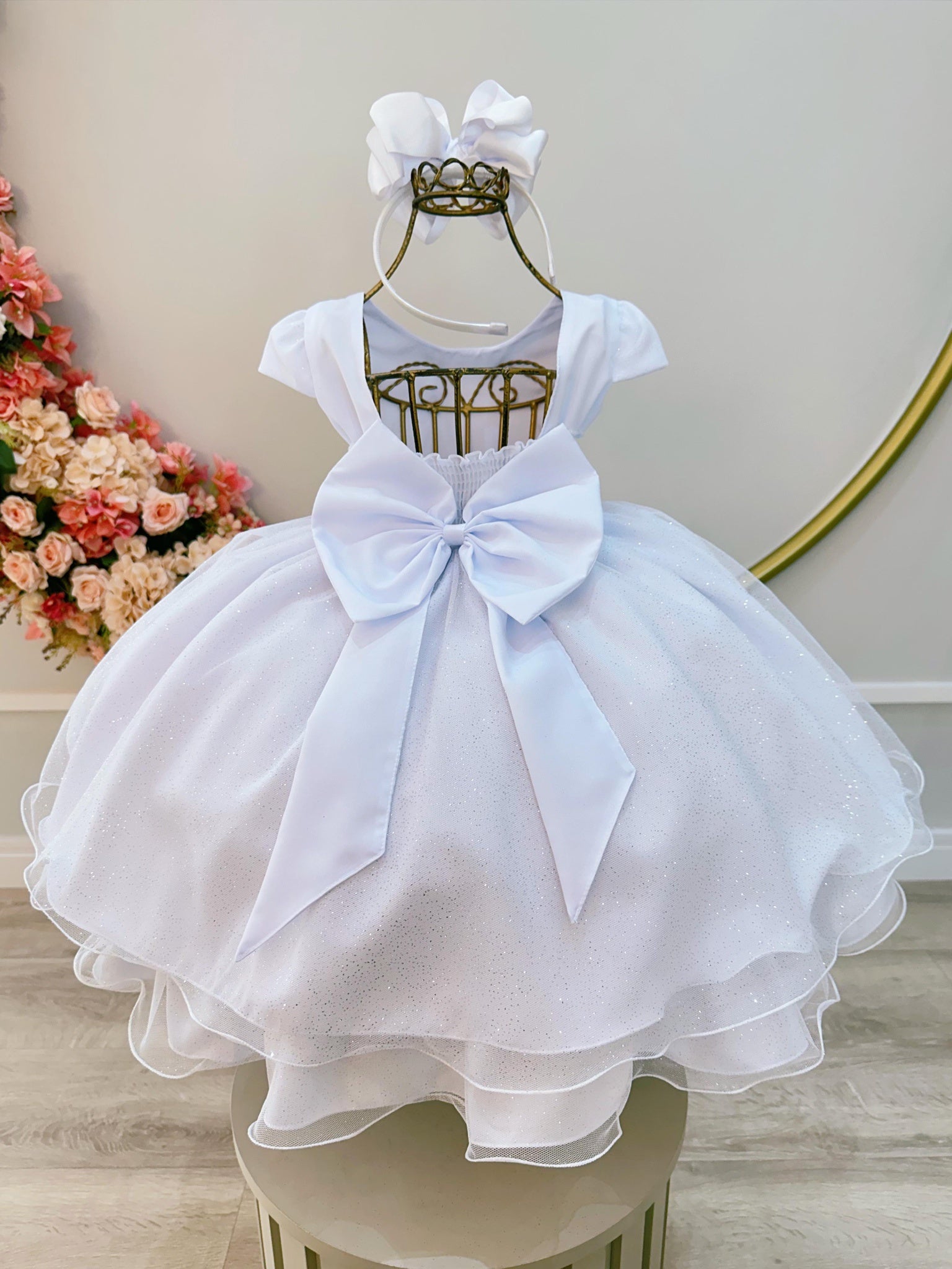 Vestido Infantil Branco C/ Apliques Borboletas Glitter