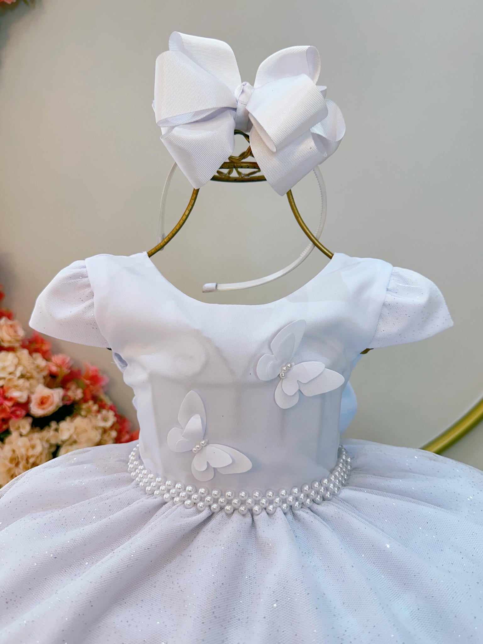 Vestido Infantil Branco C/ Apliques Borboletas Glitter