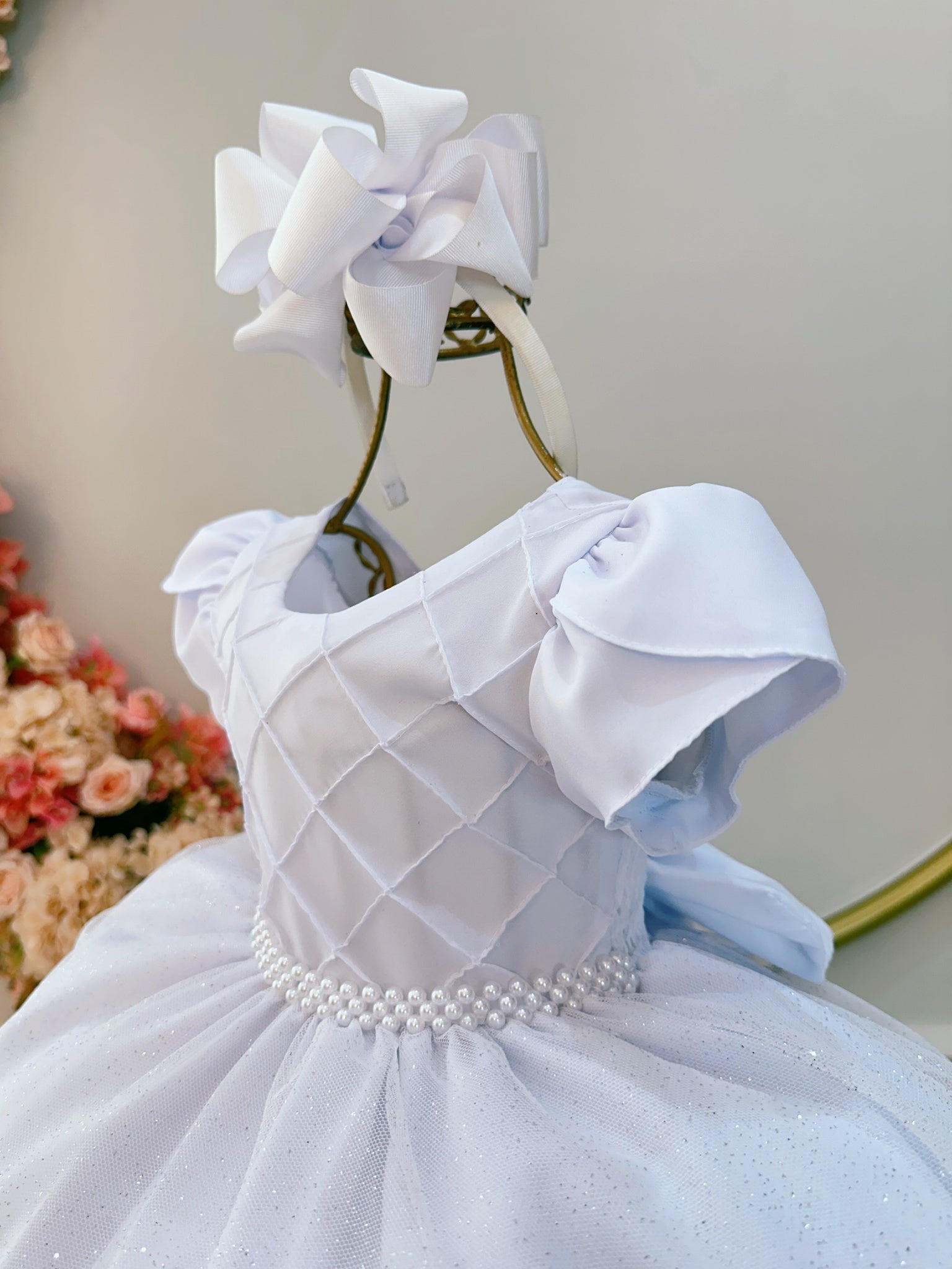 Vestido Infantil Branco C/ Busto Nervura Festas Daminhas
