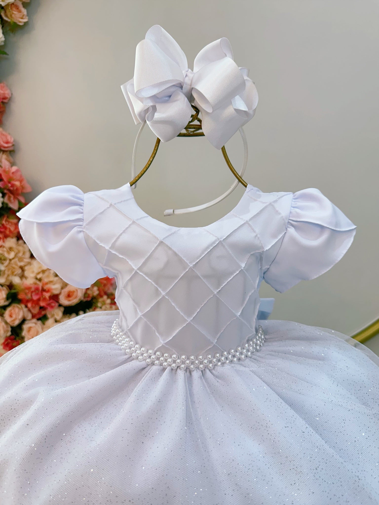 Vestido Infantil Branco C/ Busto Nervura Festas Daminhas