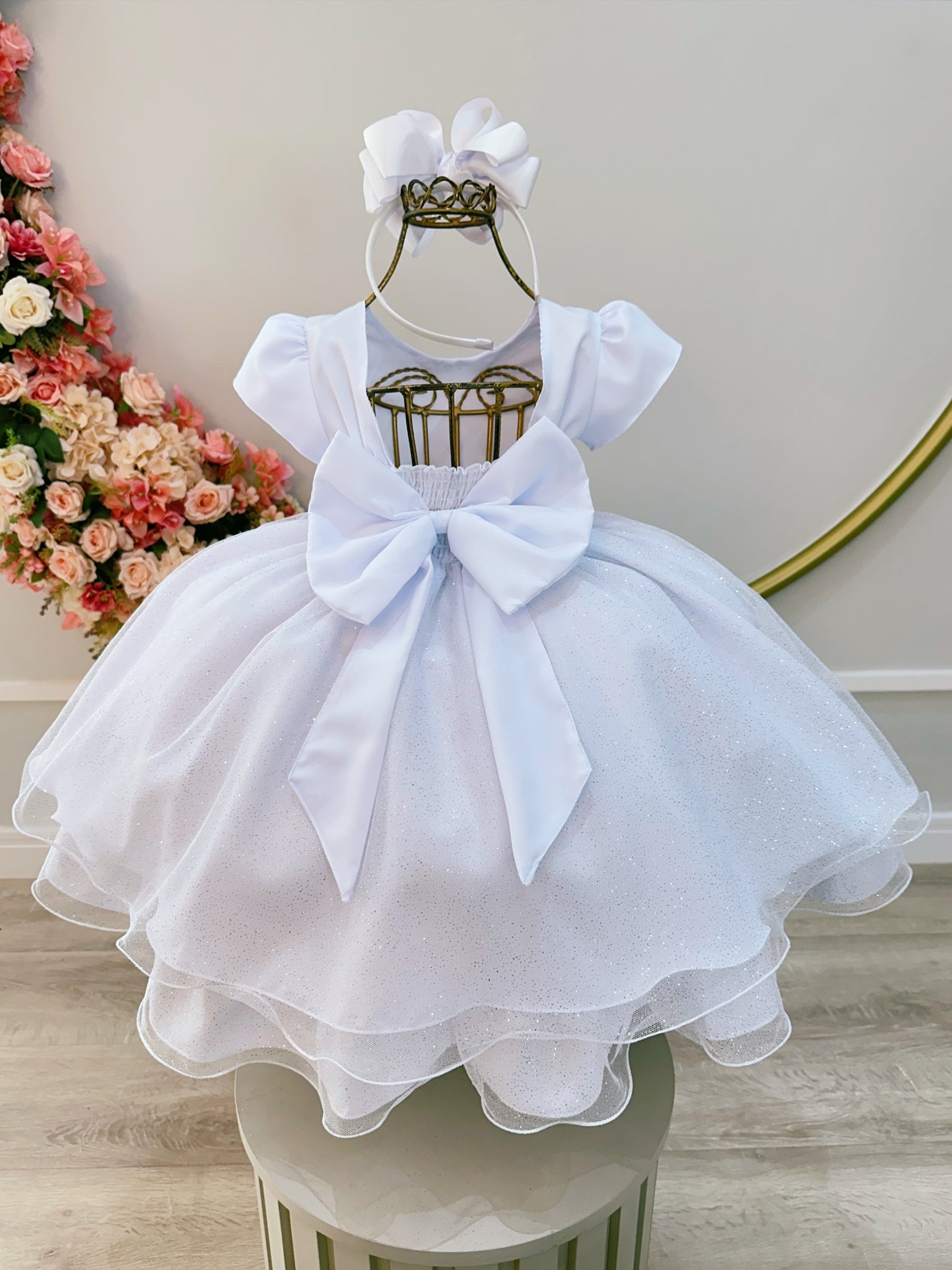 Vestido Infantil Branco C/ Busto Nervura Festas Daminhas